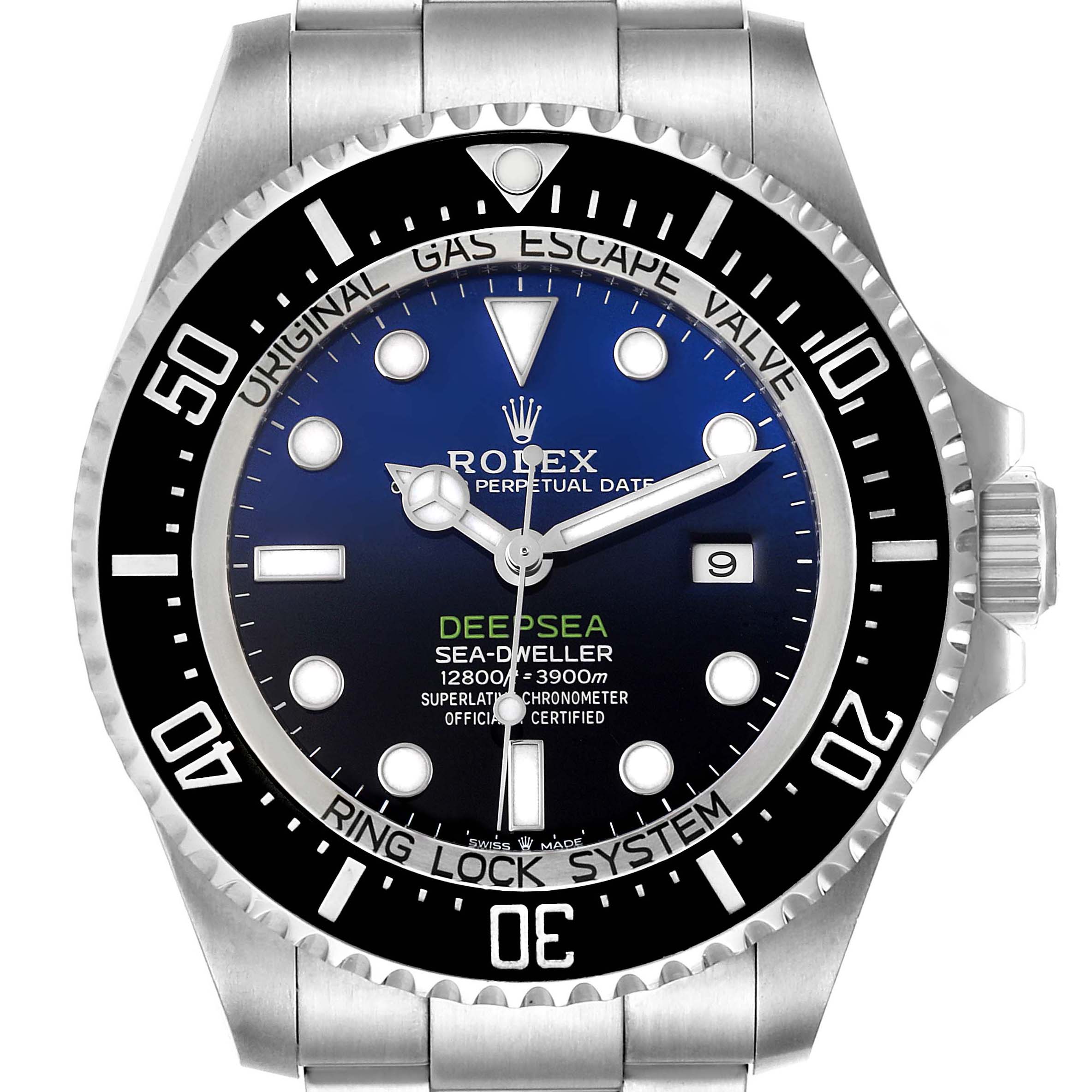 The image shows the front view of a Rolex Sea-Dweller 126660 Men
s Stainless Steel Blue Dial 126660 Men
s Stainless Steel Blue Dial Deepsea watch, highlighting the dial, bezel, and part of the bracelet.
