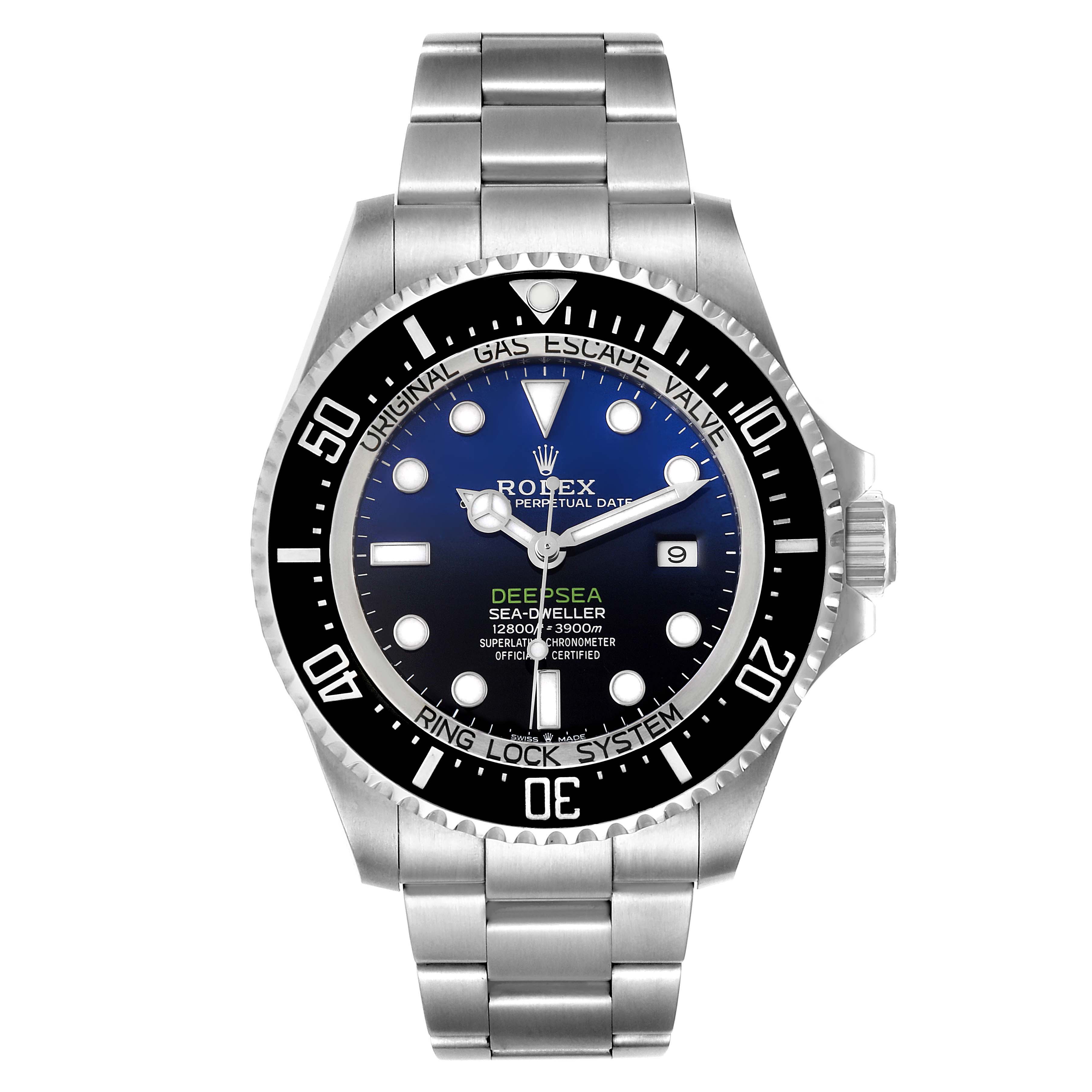 The Rolex Sea-Dweller 126660 Men
s Stainless Steel Blue Dial 126660 Men
s Stainless Steel Blue Dial watch is shown from a front view, displaying its dial, bezel, and metal bracelet.
