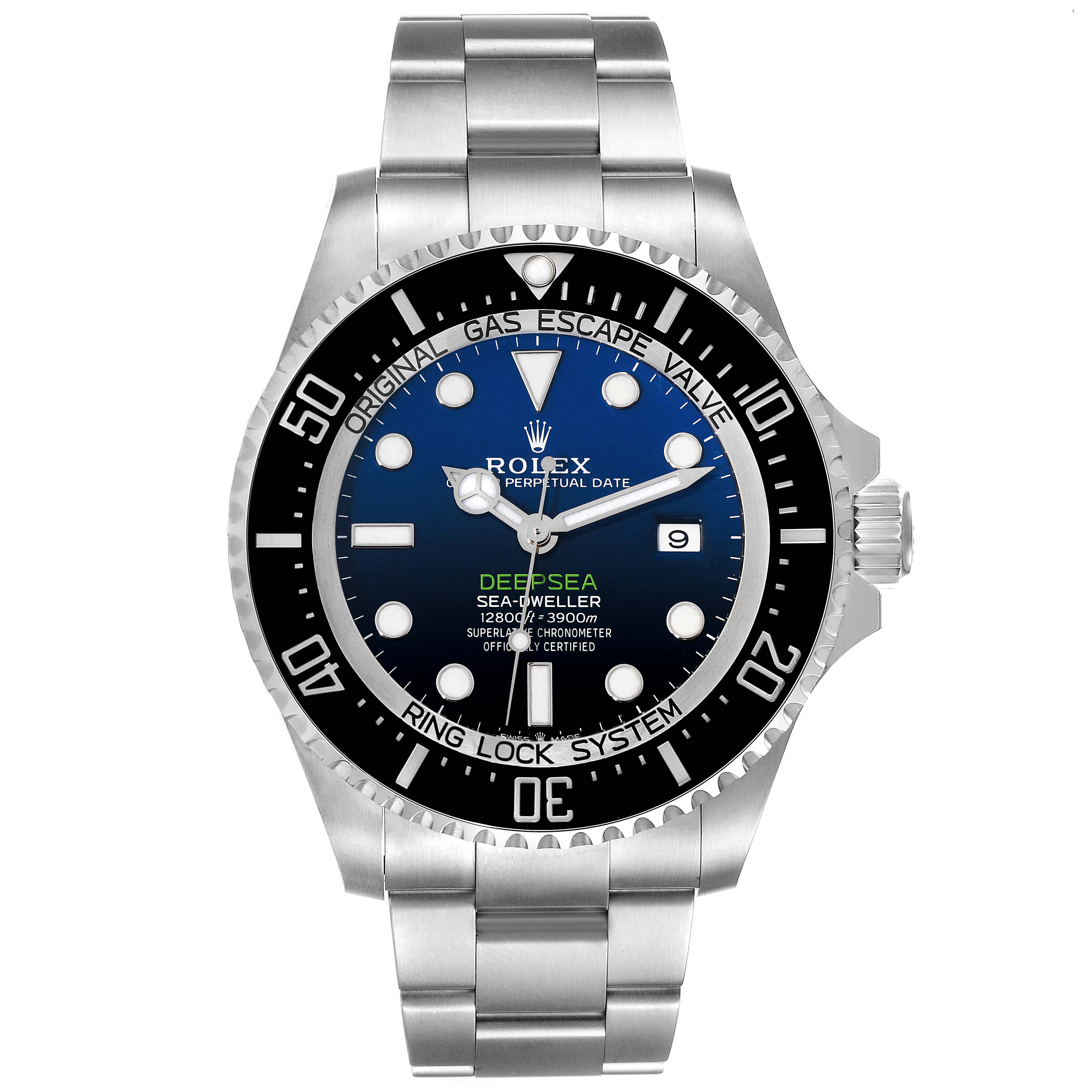 This image shows a frontal view of the Rolex Sea-Dweller 126660 Men's Stainless Steel Blue Dial 126660 Men's Stainless Steel Blue Dial model watch, focusing on the dial, bezel, and bracelet.
