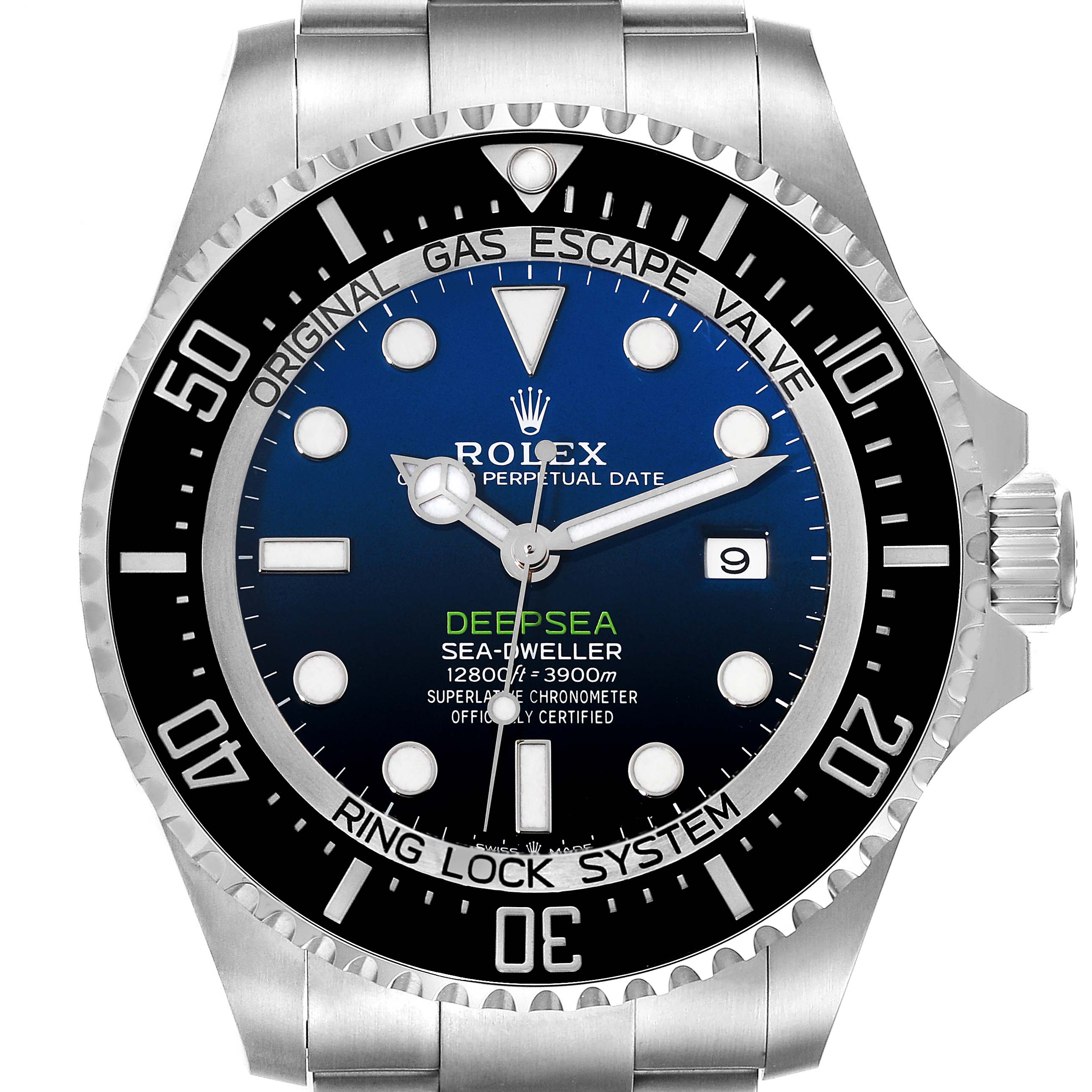 The image shows a front view of a Rolex Sea-Dweller 126660 Men's Stainless Steel Blue Dial 126660 Men's Stainless Steel Blue Dial Deepsea watch, highlighting the dial, bezel, and part of the bracelet.