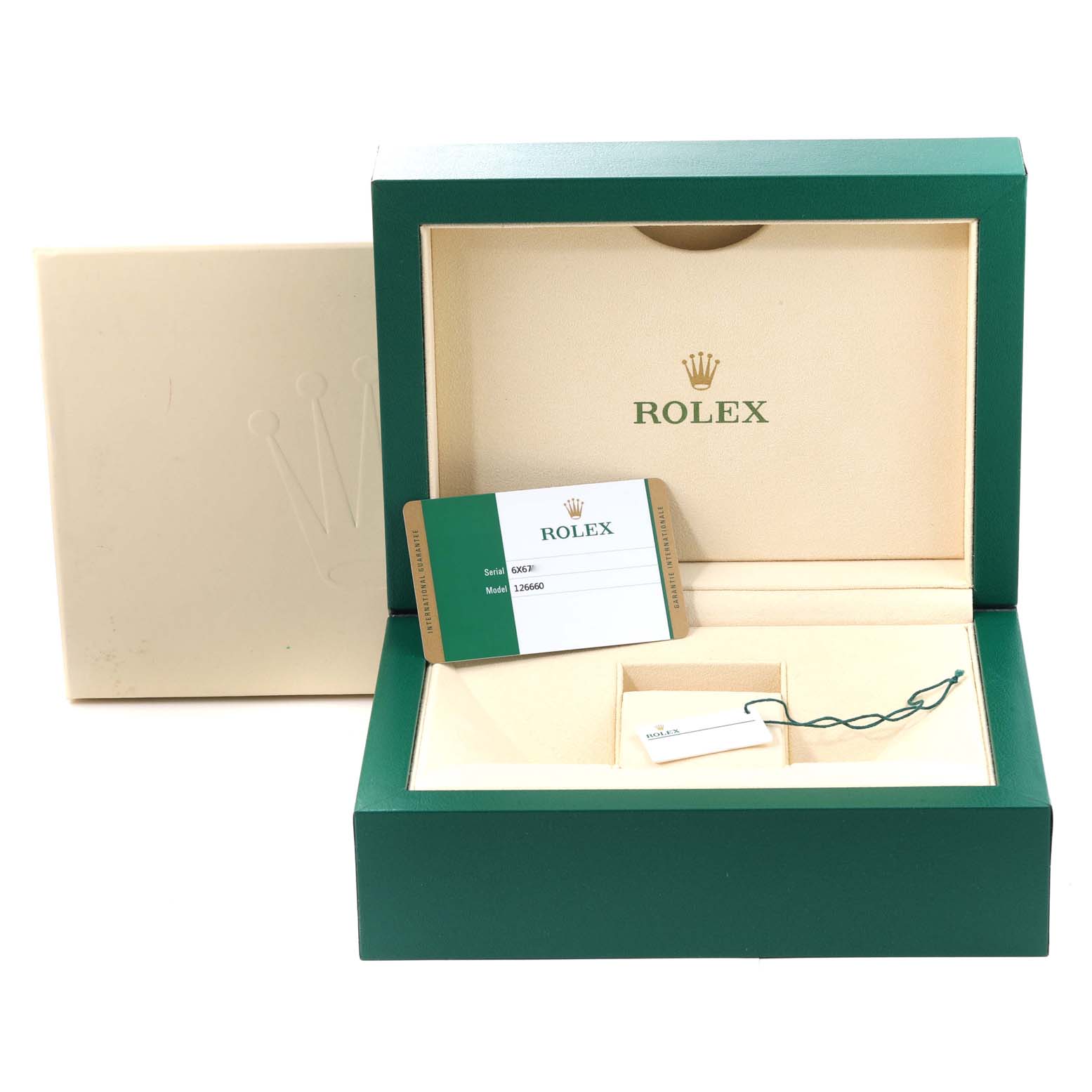 The image shows a Rolex Sea-Dweller 126660 Men's Stainless Steel Blue Dial 126660 Men's Stainless Steel Blue Dial watch box, warranty card, and accessory tag from a front angle.