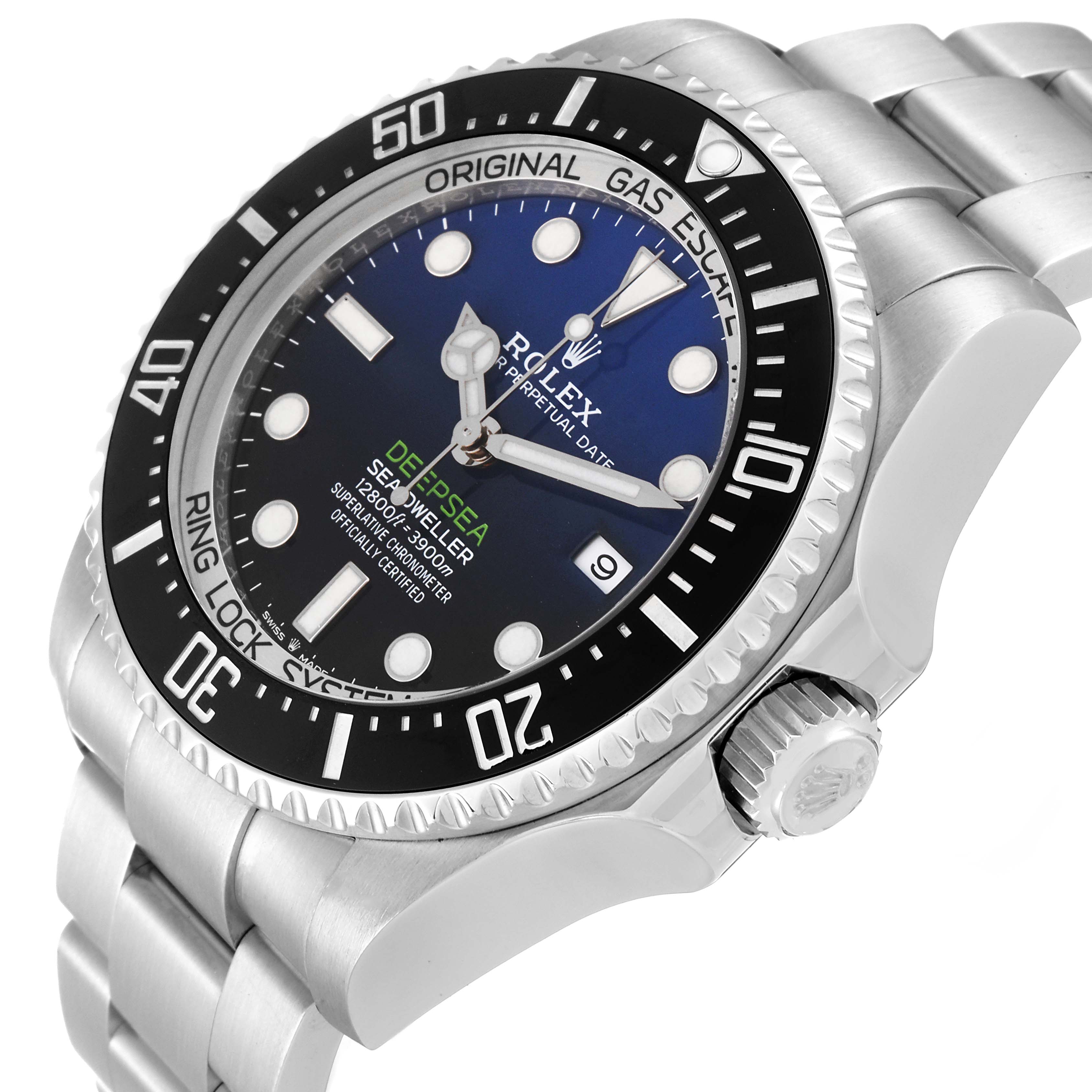 The Rolex Sea-Dweller 126660 Men's Stainless Steel Blue Dial 126660 Men's Stainless Steel Blue Dial watch is shown at an angle displaying the face, bezel, crown, and a portion of the bracelet.