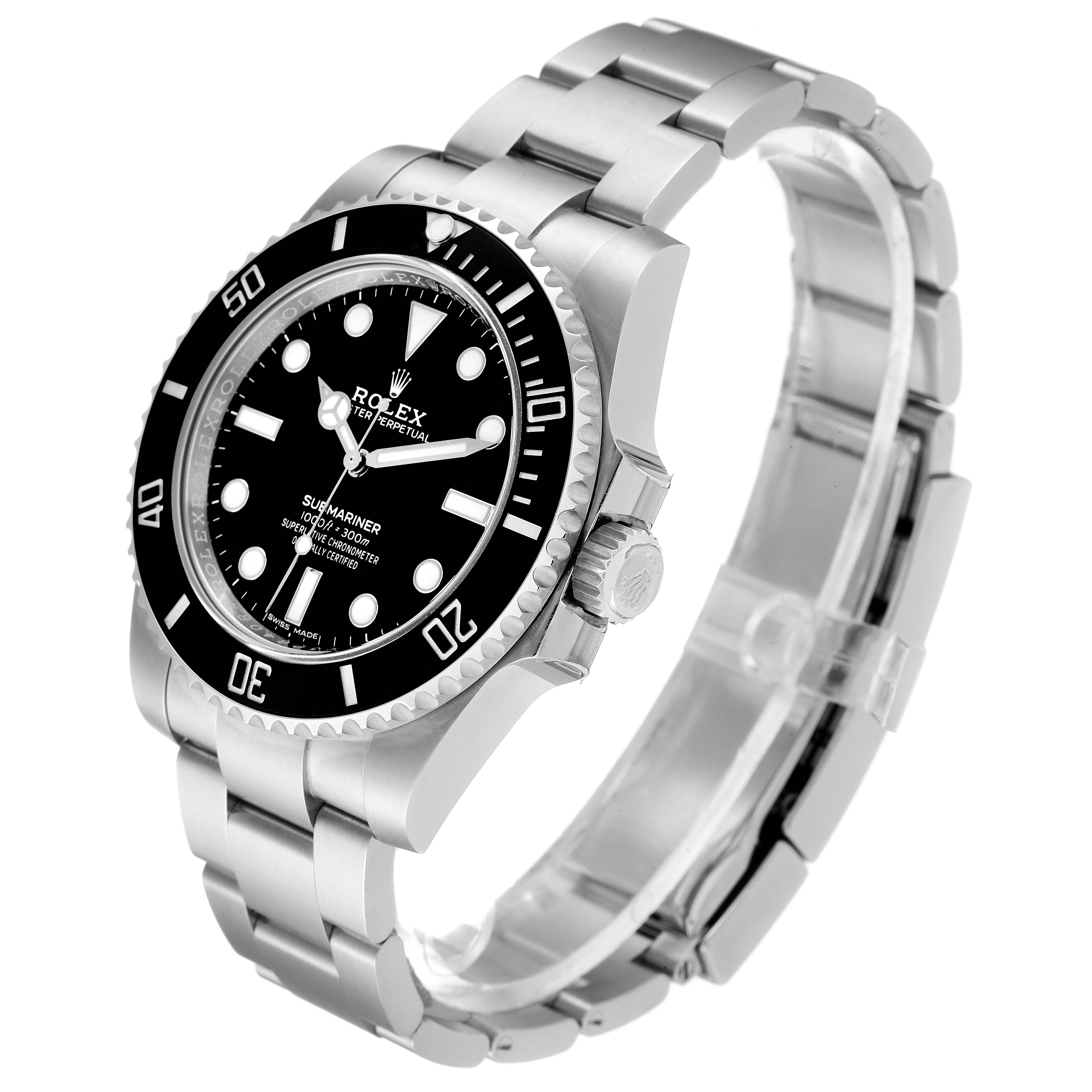This image shows a Rolex Submariner 114060 Men
s Stainless Steel Black Dial 114060 Men
s Stainless Steel Black Dial watch from a three-quarter angle, highlighting its dial, bezel, case, and part of the bracelet.