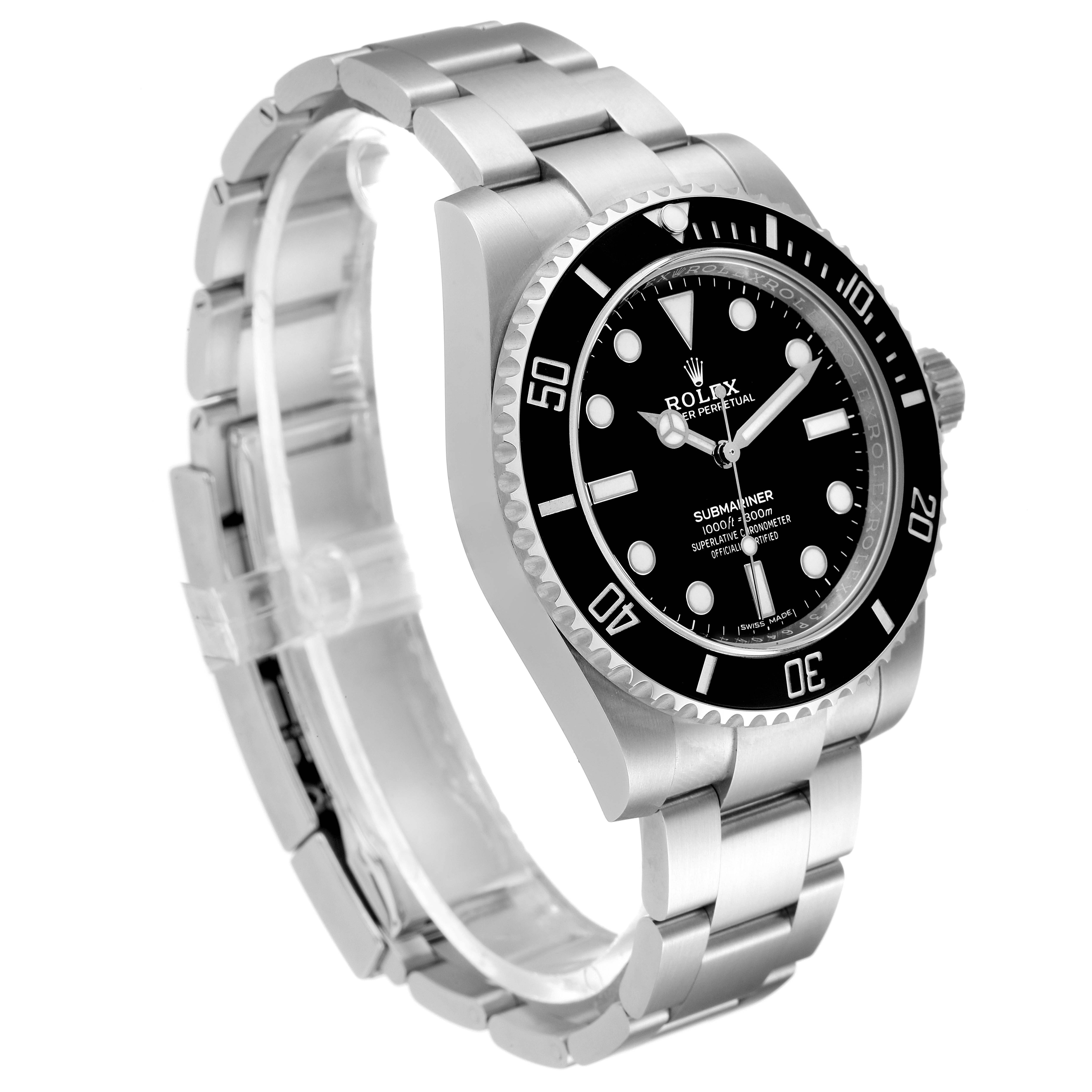 The image shows a side angle of the Rolex Submariner 114060 Men
s Stainless Steel Black Dial 114060 Men
s Stainless Steel Black Dial, highlighting its bezel, dial, and metal bracelet.
