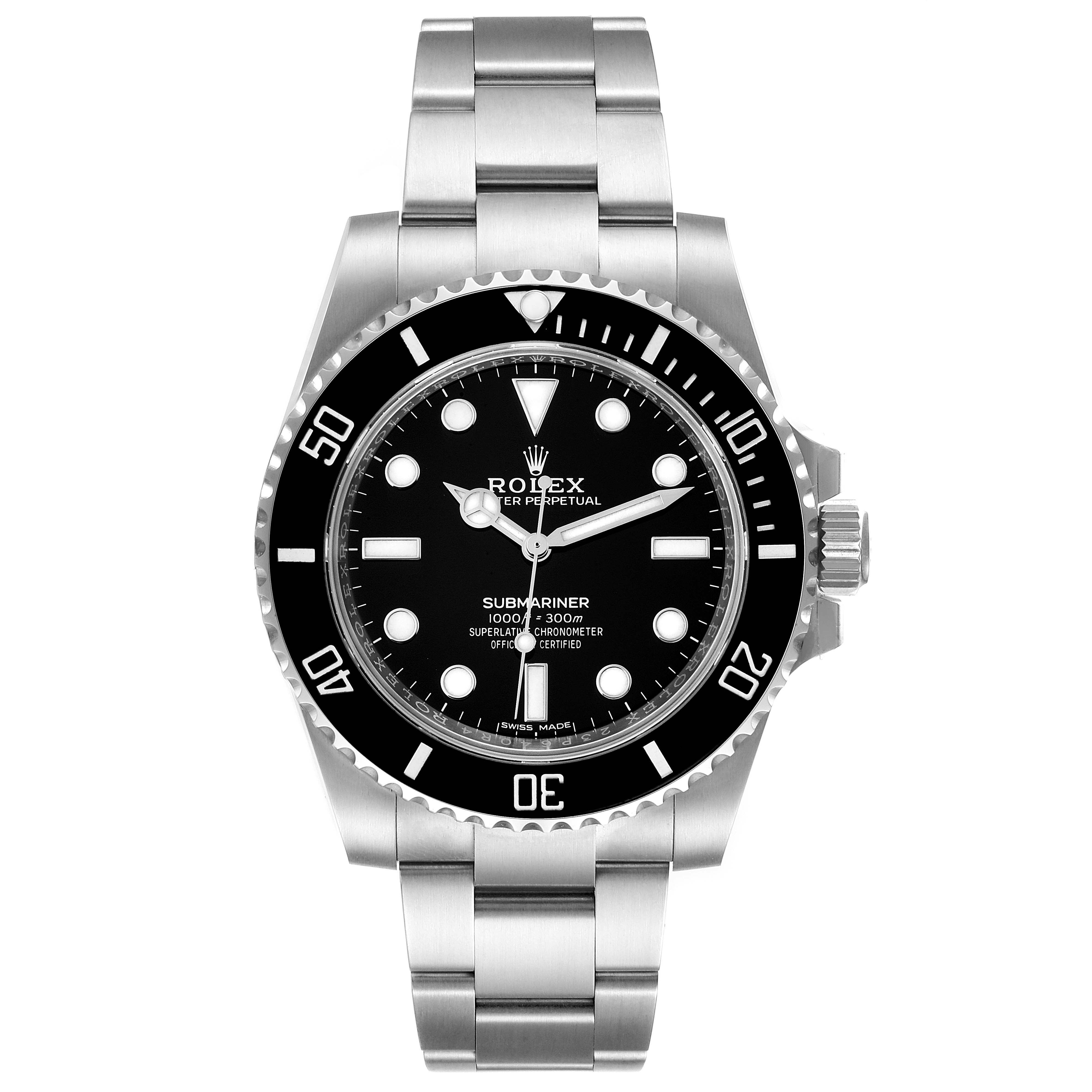 This image shows a front view of a Rolex Submariner 114060 Men
s Stainless Steel Black Dial 114060 Men
s Stainless Steel Black Dial watch, displaying its dial, bezel, and bracelet.