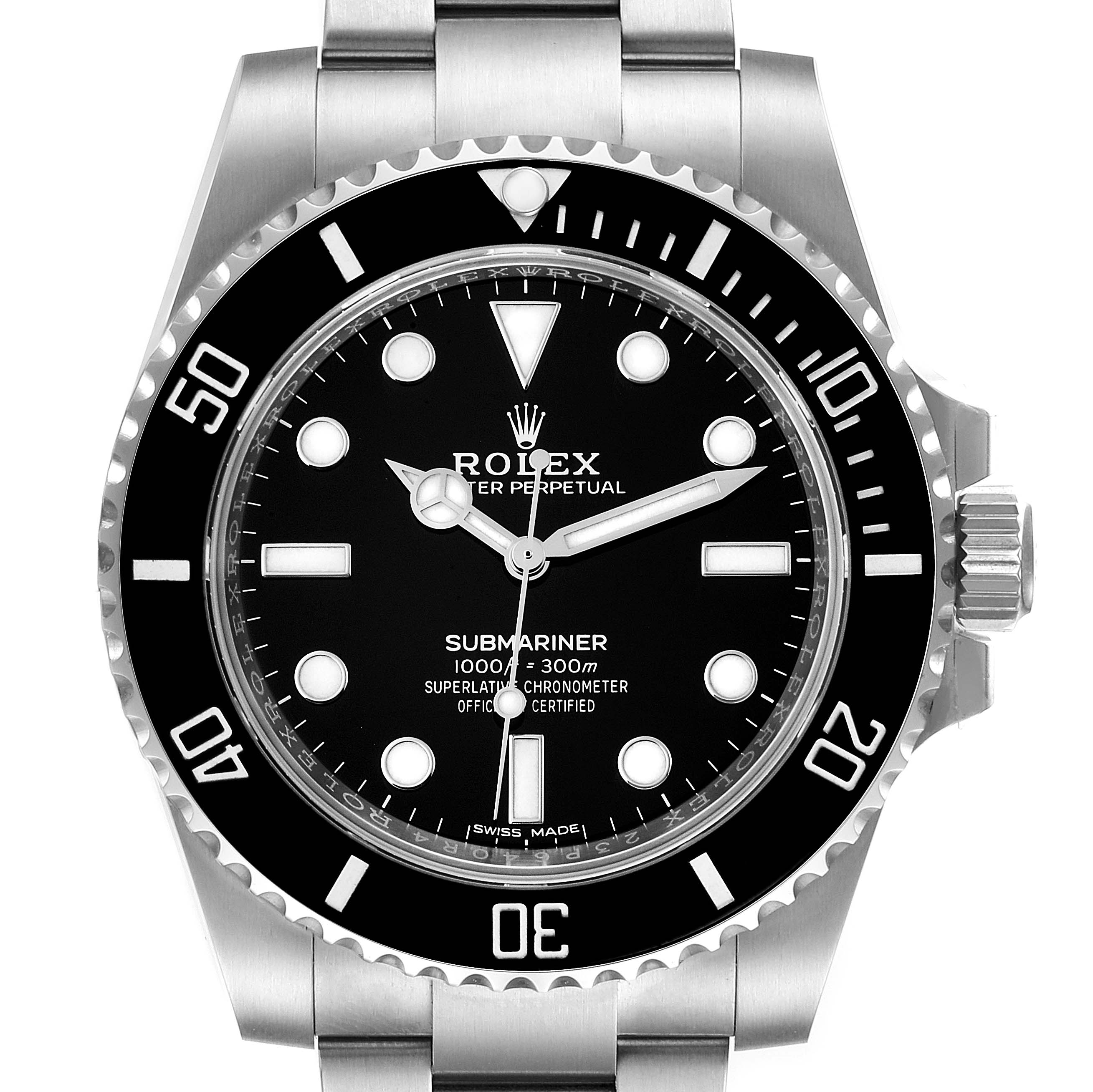 This Rolex Submariner 114060 Men
s Stainless Steel Black Dial 114060 Men
s Stainless Steel Black Dial watch is shown from a top-down angle, displaying the face, bezel, and part of the bracelet.