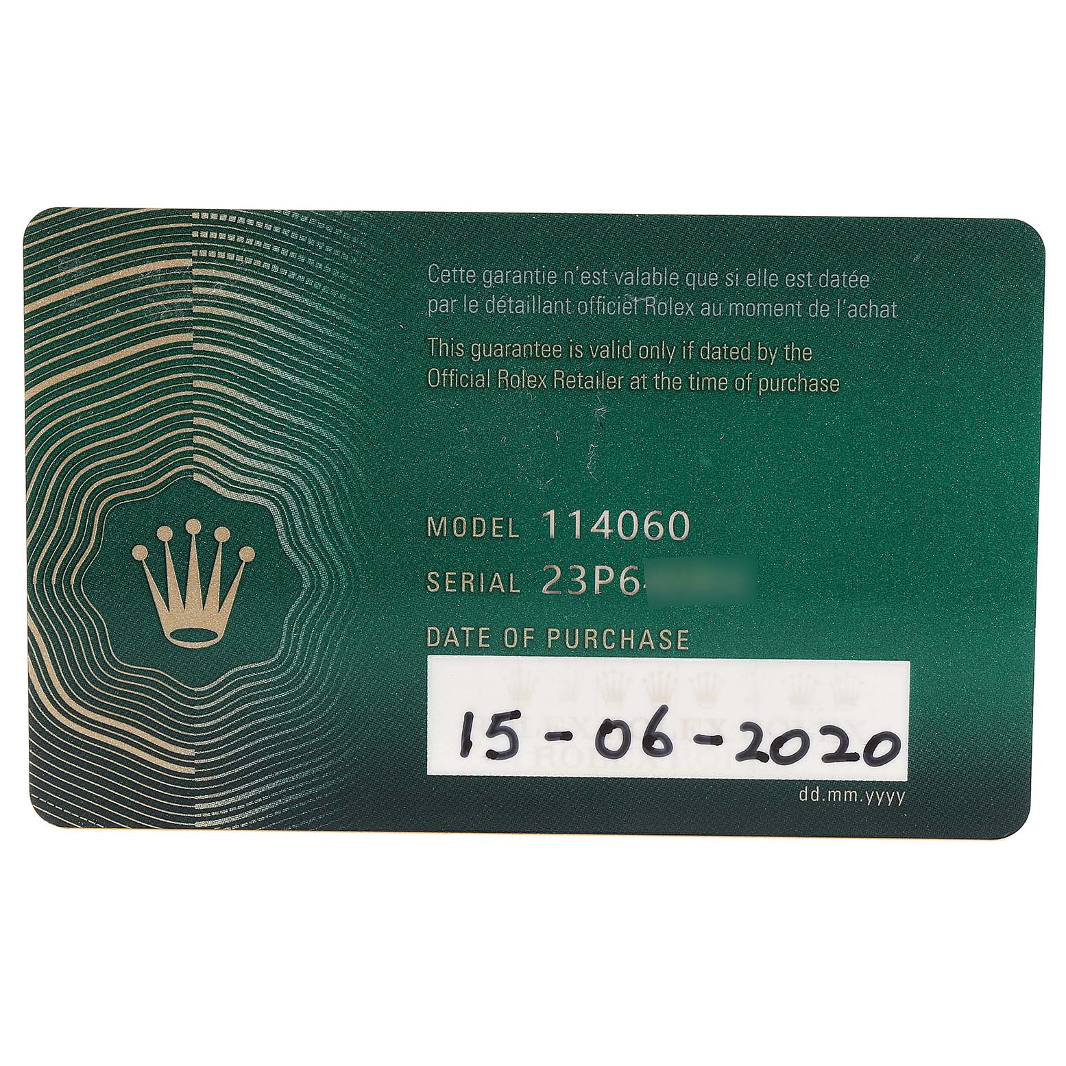 The image shows the guarantee card for a Rolex Submariner 114060 Men
s Stainless Steel Black Dial 114060 Men
s Stainless Steel Black Dial model 114060, with the date of purchase listed as 15-06-2020.