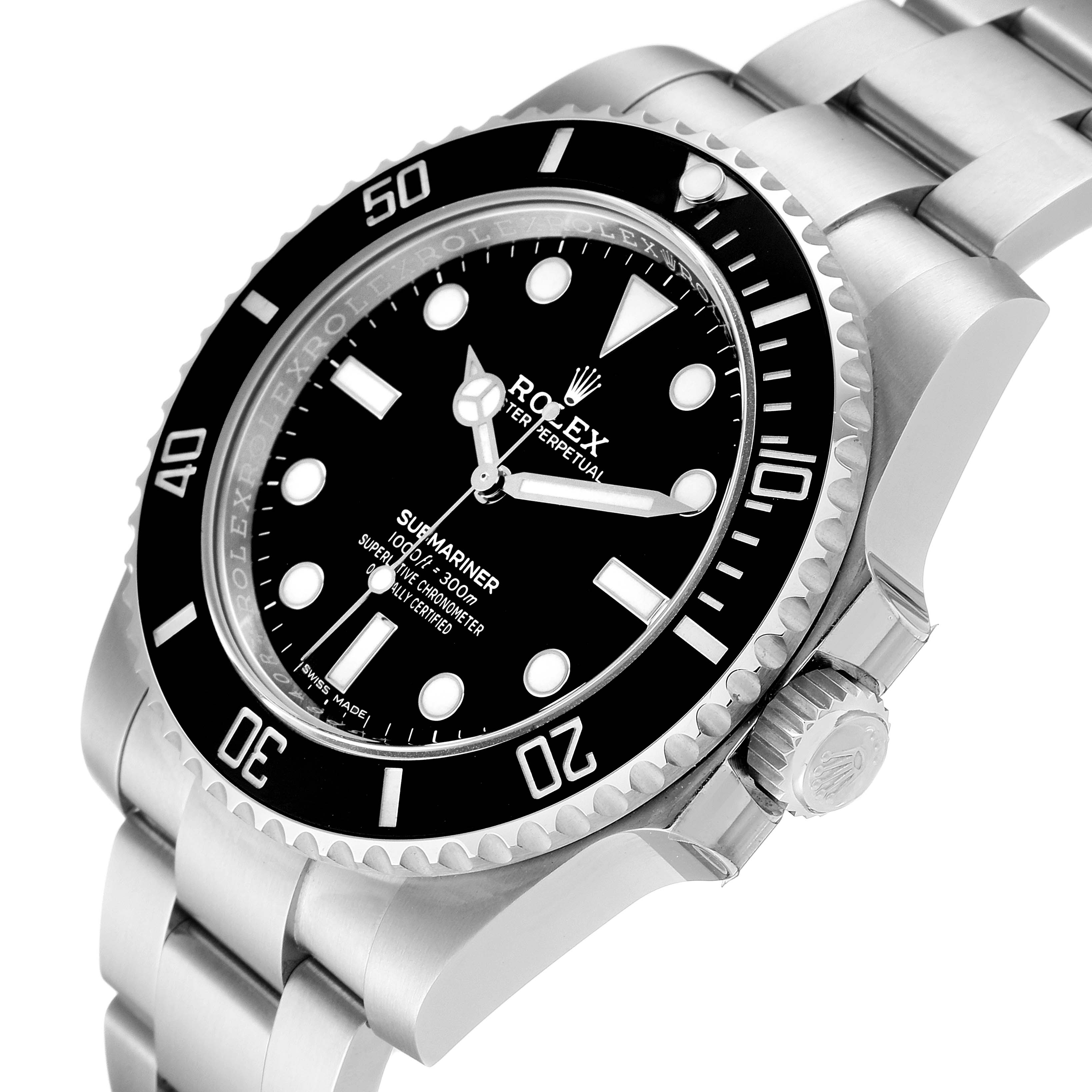 The image shows a close-up angled view of the Rolex Submariner 114060 Men
s Stainless Steel Black Dial 114060 Men
s Stainless Steel Black Dial, highlighting its black dial, bezel, and part of the bracelet.