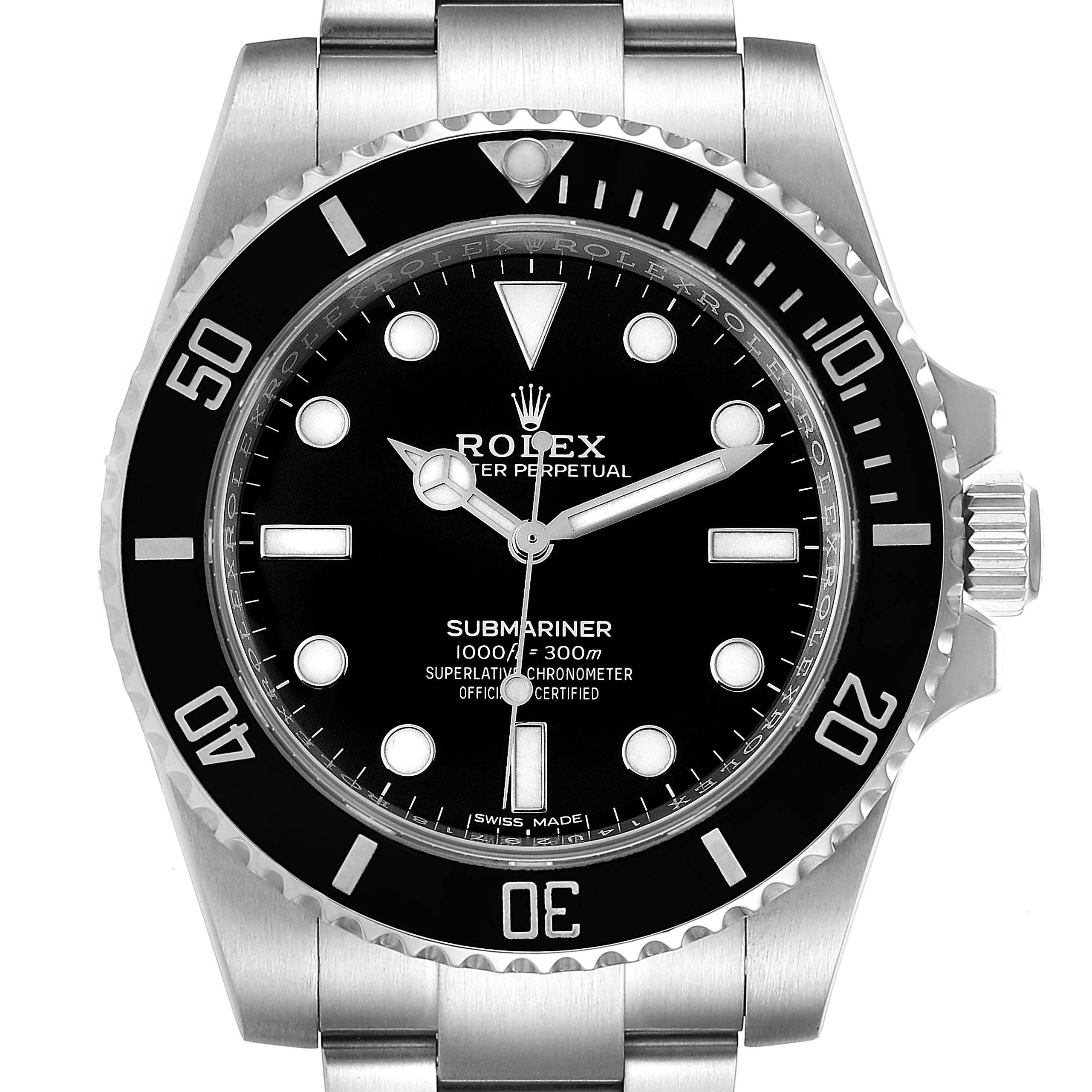The image shows a front view of the Rolex Submariner 114060 Men
s Stainless Steel Black Dial 114060 Men
s Stainless Steel Black Dial watch, focusing on the dial, bezel, and part of the bracelet.
