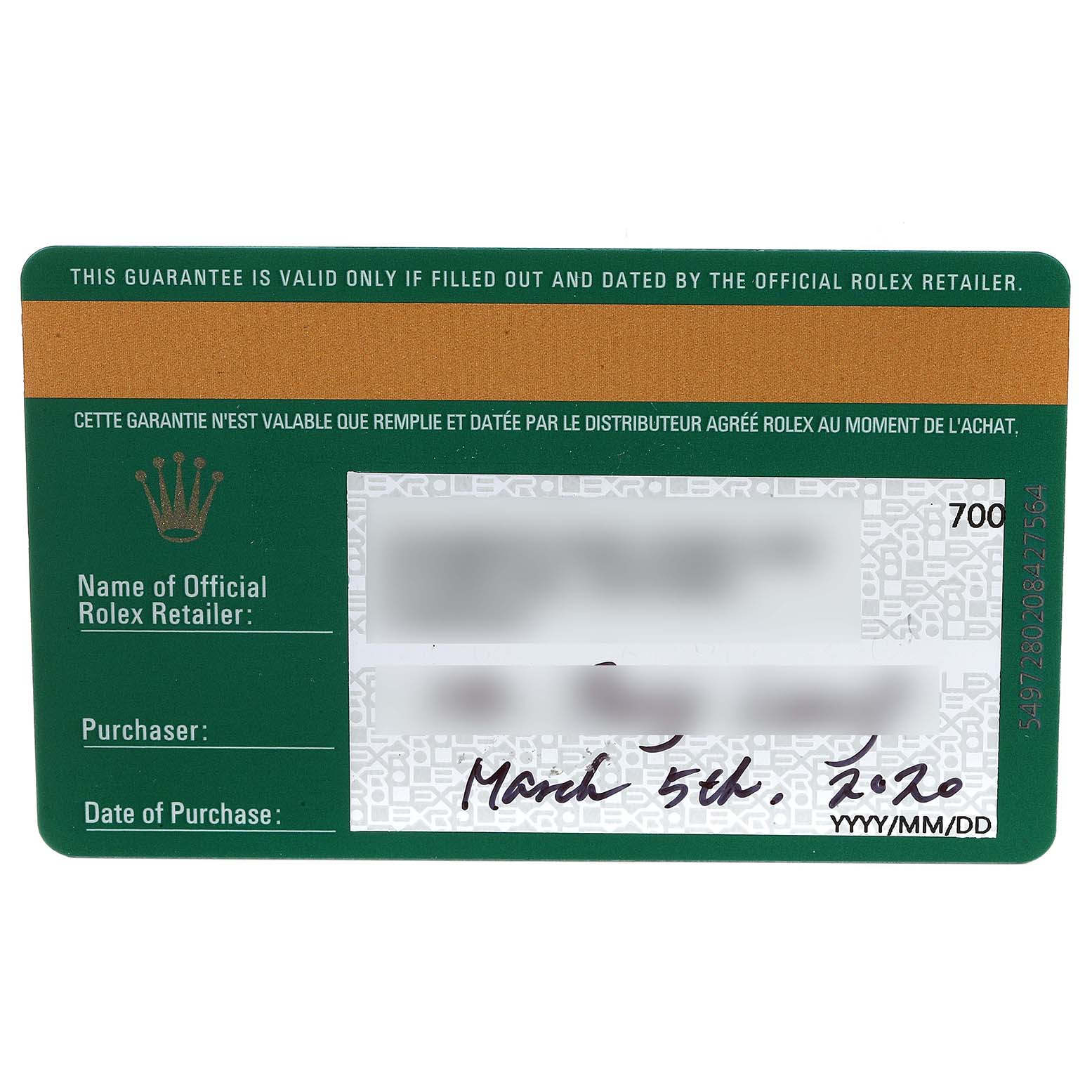 The image shows a Rolex warranty card for a Submariner model with partially blurred personal details and purchase information.