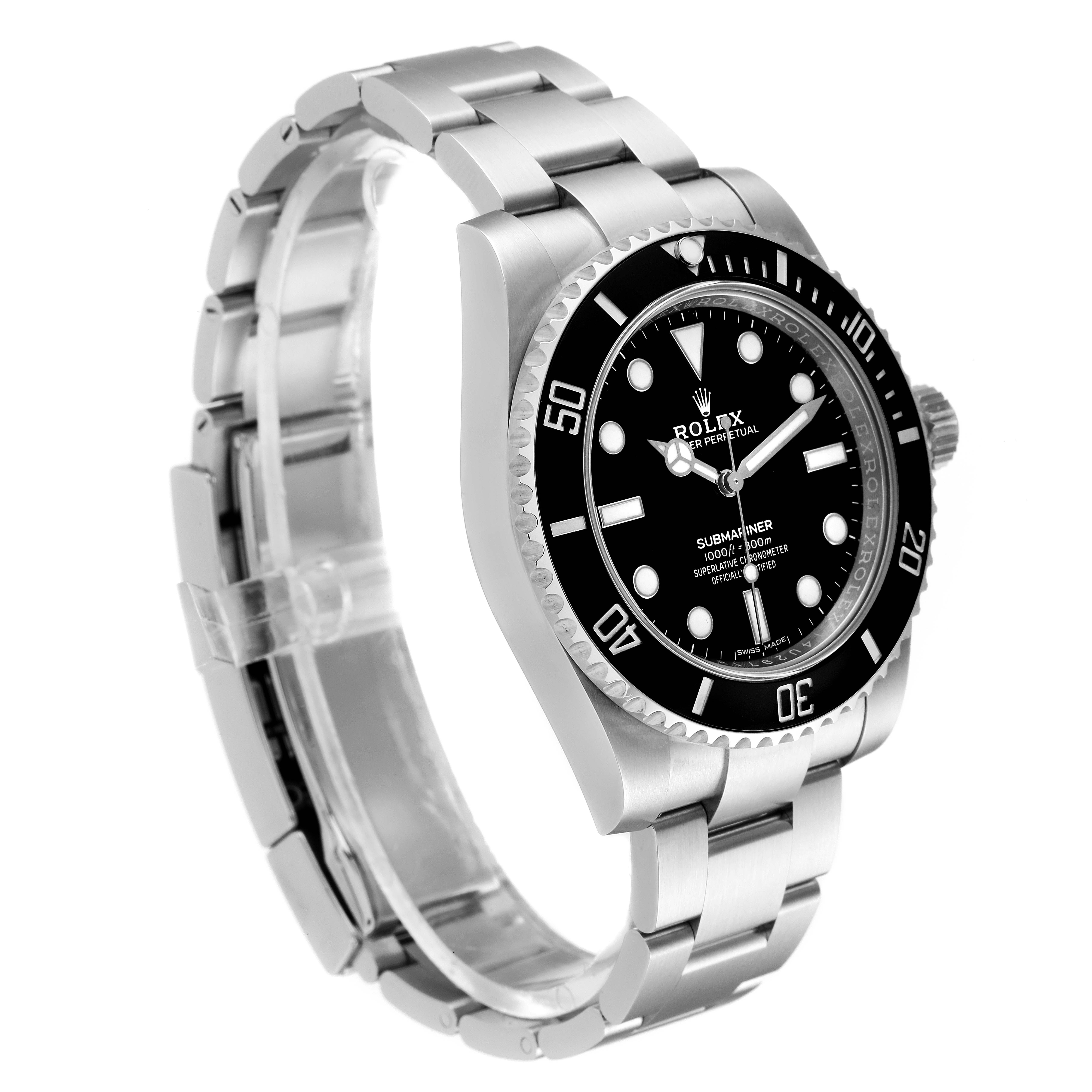 This image shows a side and partial front view of a Rolex Submariner 114060 Men
s Stainless Steel Black Dial 114060 Men
s Stainless Steel Black Dial, displaying the face, bezel, and stainless steel bracelet.