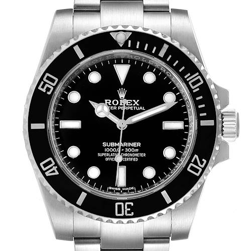 The image shows a front-facing view of the Rolex Submariner watch, displaying the dial, bezel, and part of the bracelet.