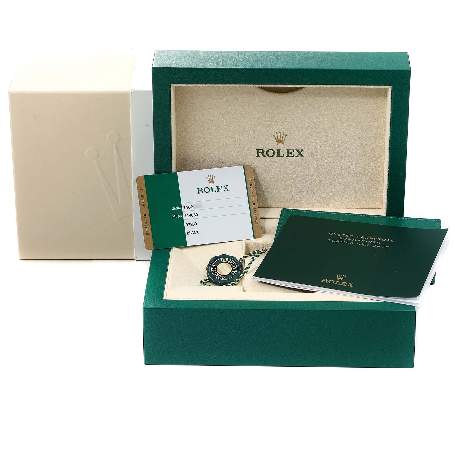 The image shows the packaging, warranty card, manuals, and accessories for a Rolex Submariner 114060 Men
s Stainless Steel Black Dial 114060 Men
s Stainless Steel Black Dial watch.
