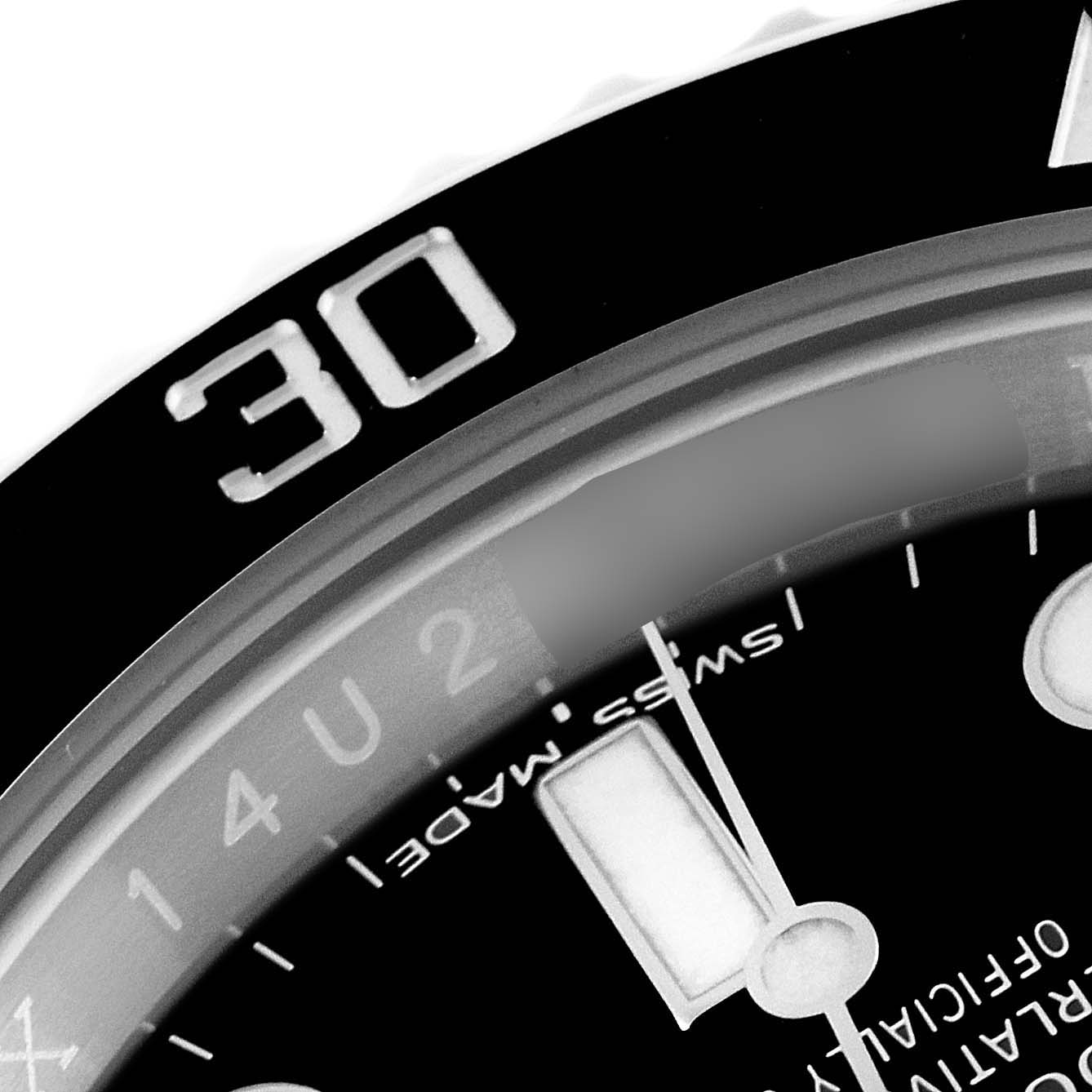 The image shows a close-up of the bezel and part of the dial, including the minute markers and part of the inscription on the Rolex Submariner 114060 Men
s Stainless Steel Black Dial 114060 Men
s Stainless Steel Black Dial watch.