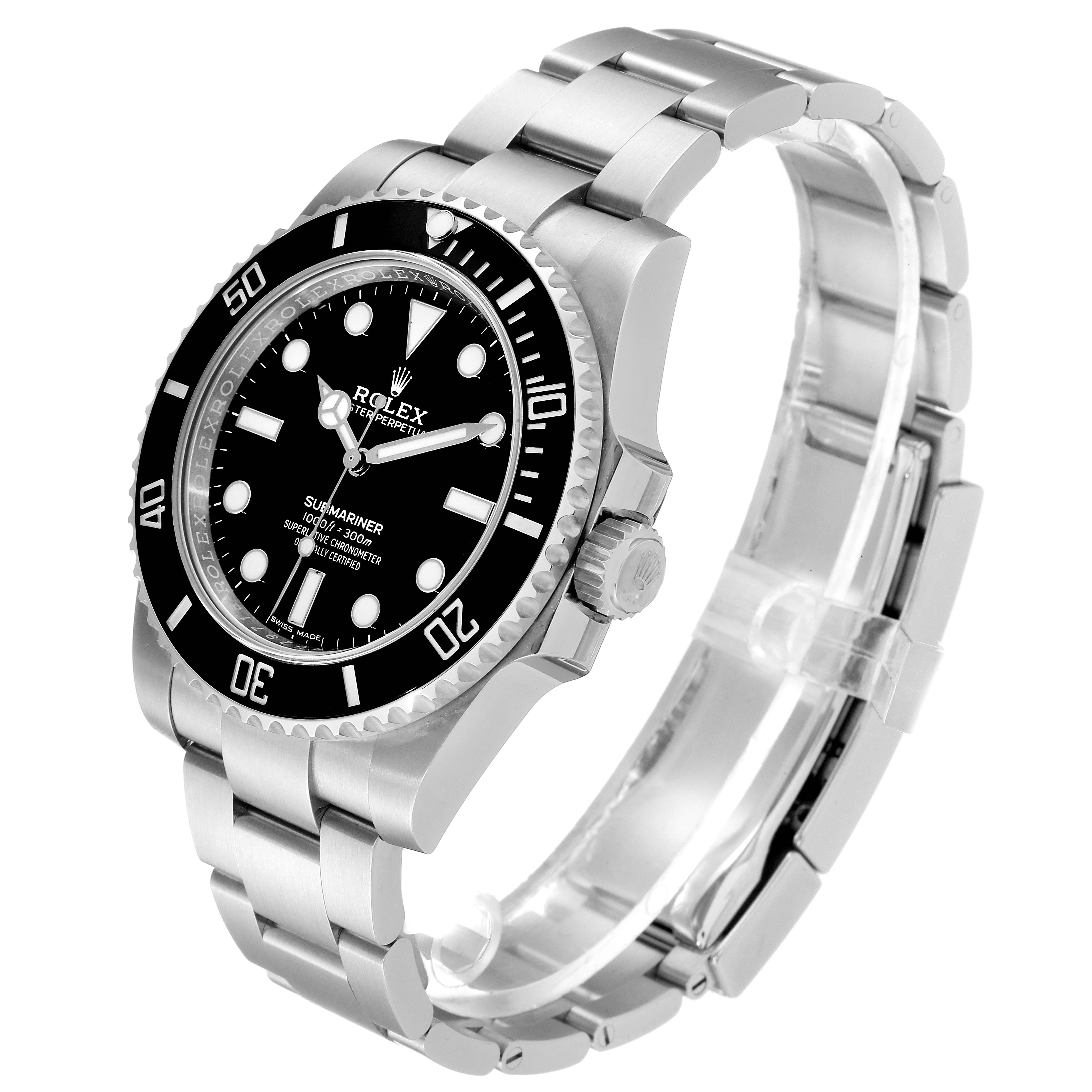The image shows a side view of the Rolex Submariner 114060 Men
s Stainless Steel Black Dial 114060 Men
s Stainless Steel Black Dial watch, highlighting its black dial, stainless steel bracelet, and bezel.