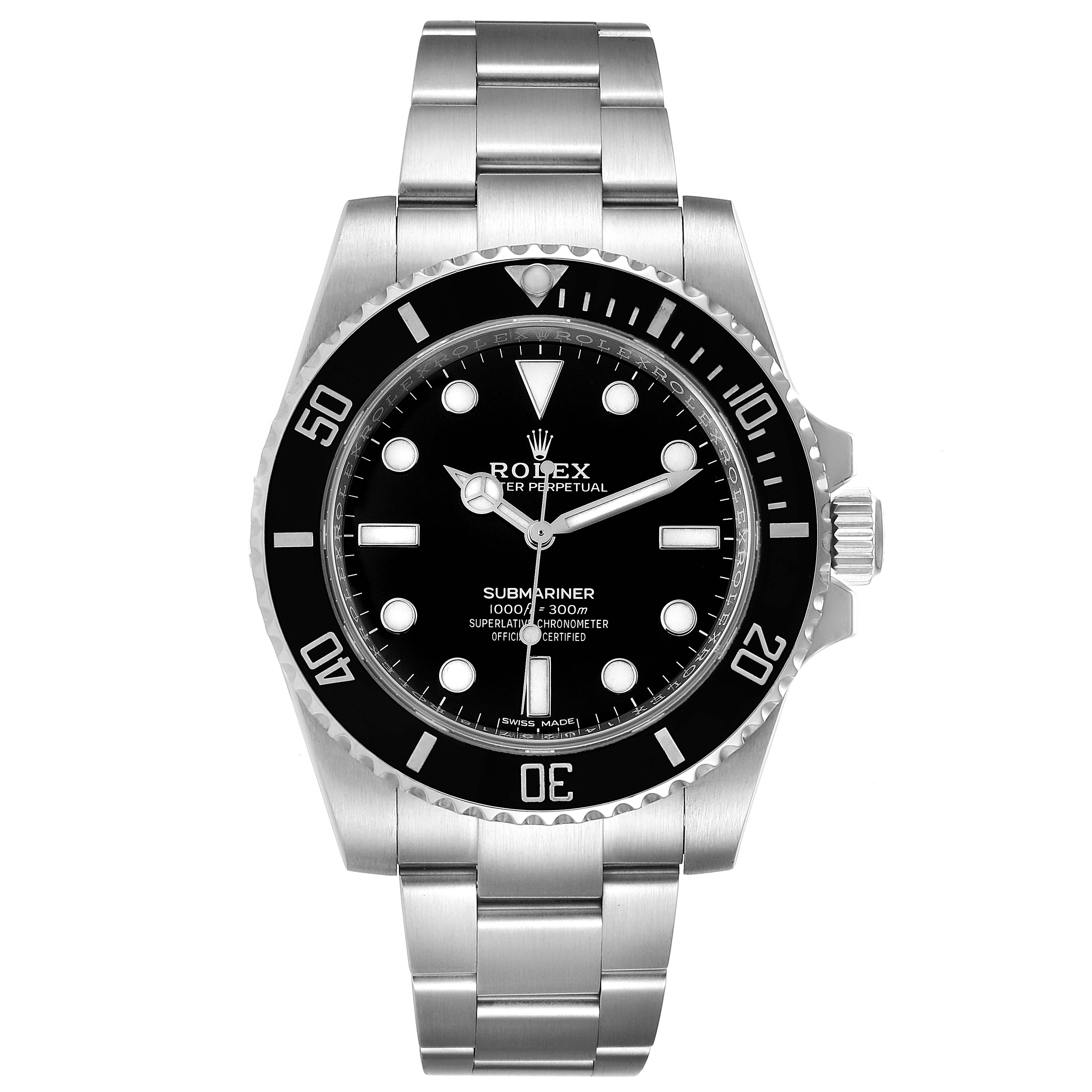 This image shows a front view of the Rolex Submariner 114060 Men
s Stainless Steel Black Dial 114060 Men
s Stainless Steel Black Dial watch, highlighting its dial, bezel, and bracelet.