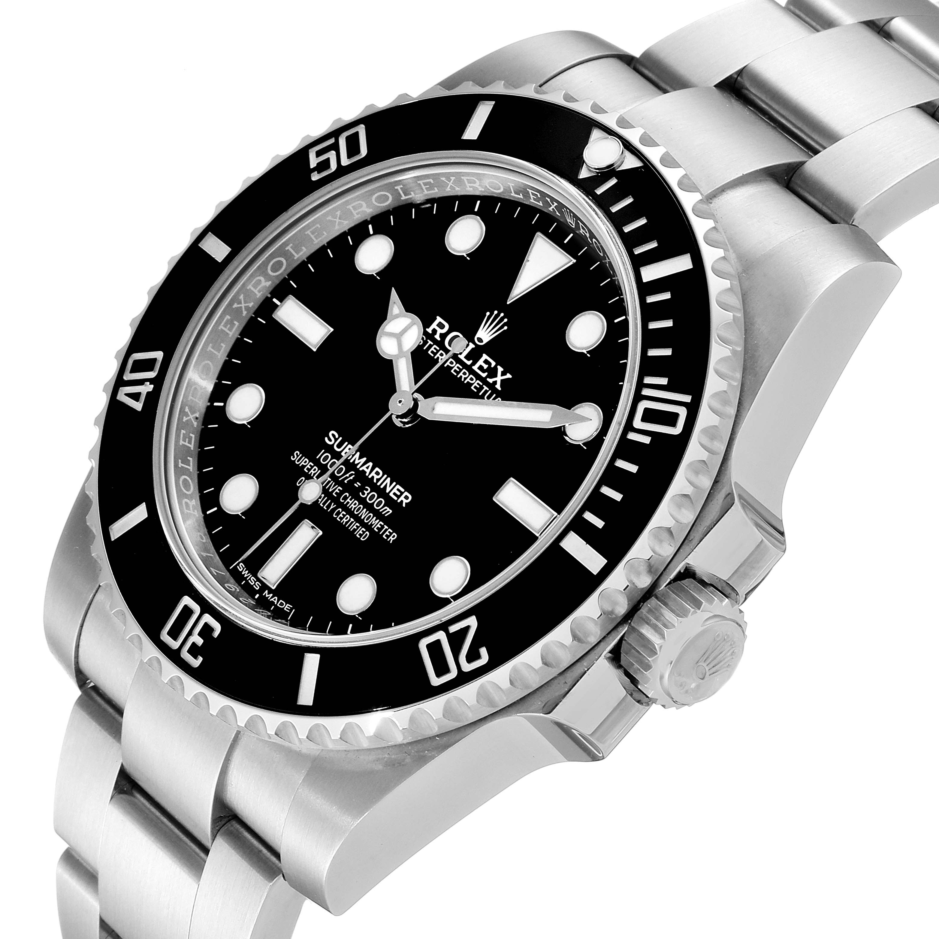 The image shows a Rolex Submariner 114060 Men
s Stainless Steel Black Dial 114060 Men
s Stainless Steel Black Dial watch at an oblique angle highlighting the dial, bezel, crown, and part of the bracelet.