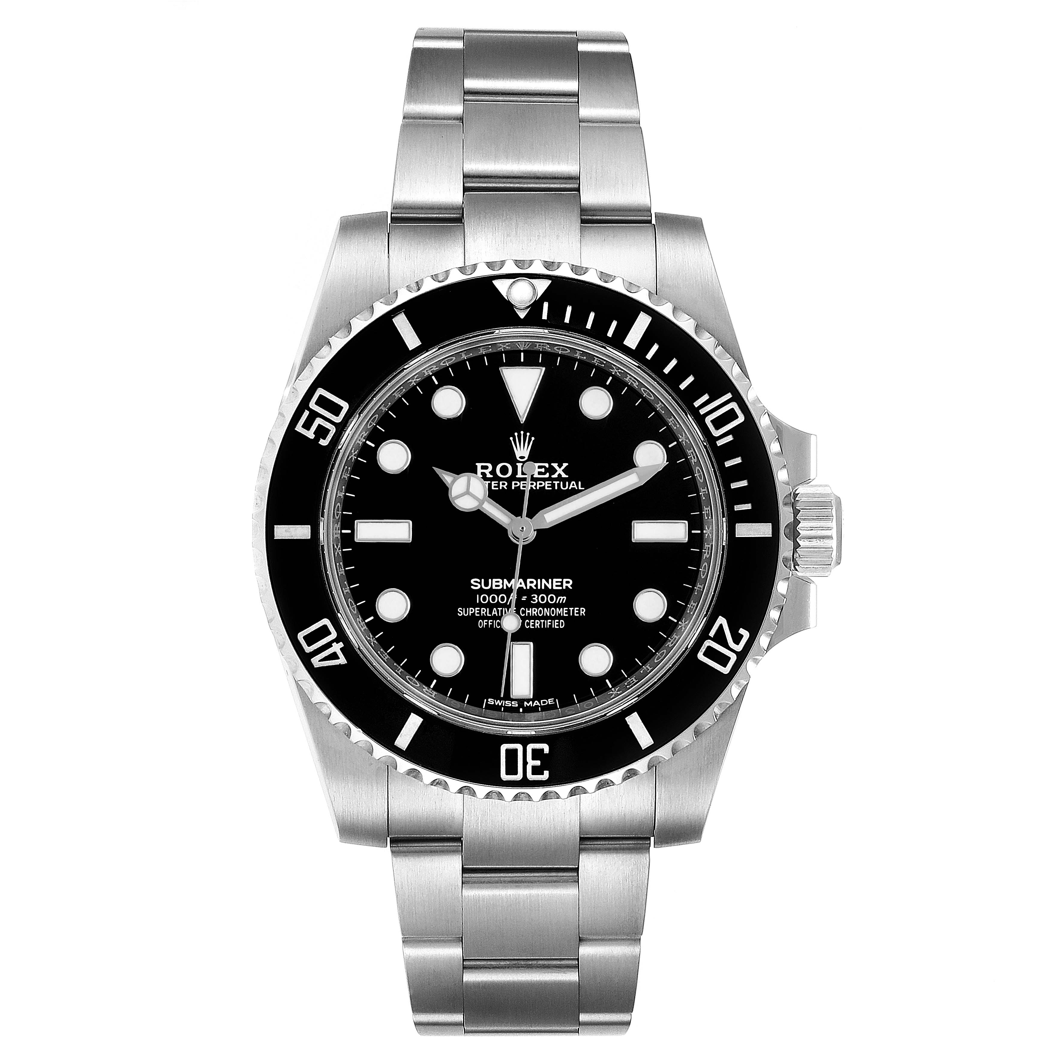 The Rolex Submariner 114060 Men
s Stainless Steel Black Dial 114060 Men
s Stainless Steel Black Dial watch is shown from the front, displaying the face, bezel, and bracelet.