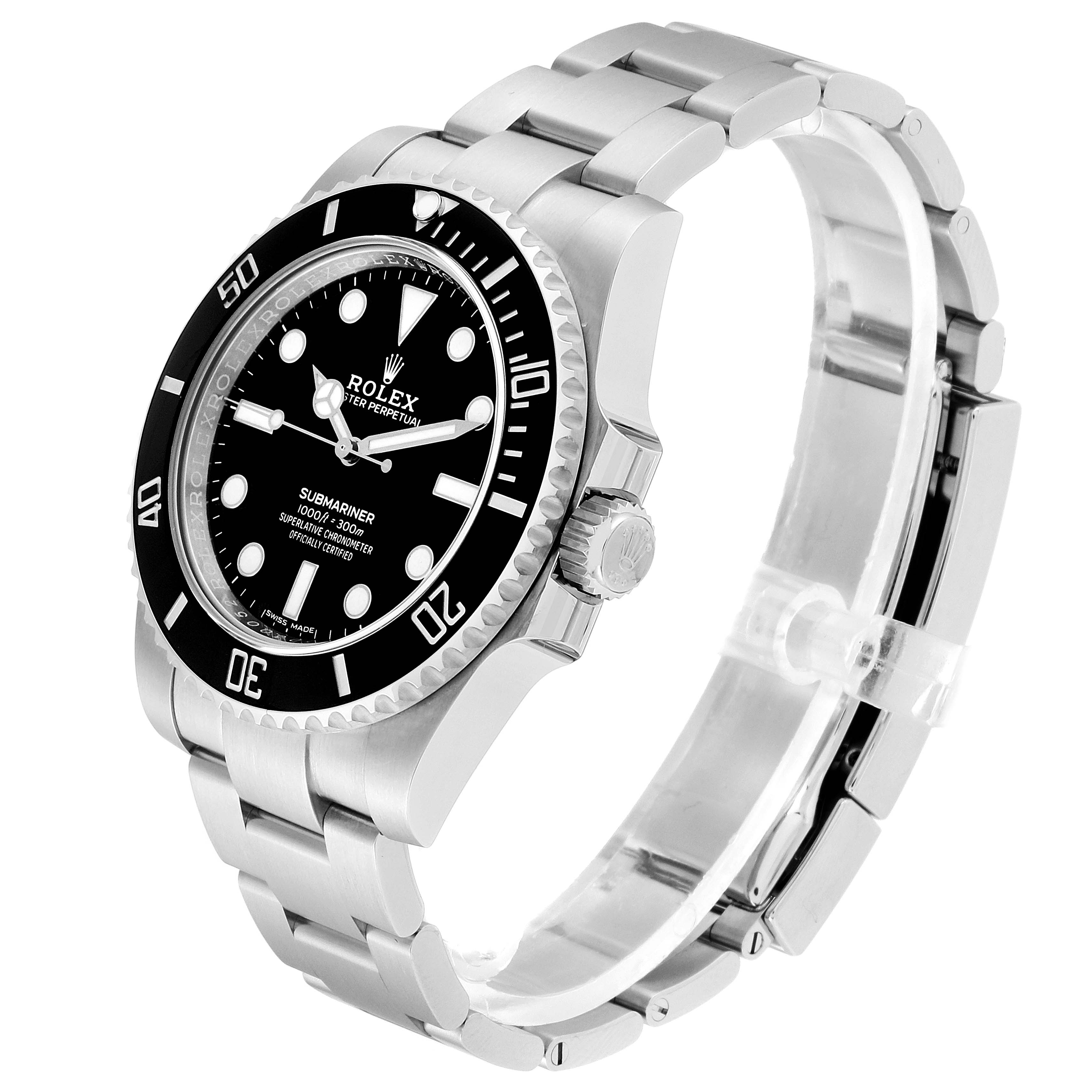 The image shows a Rolex Submariner 114060 Men
s Stainless Steel Black Dial 114060 Men
s Stainless Steel Black Dial watch at a slightly angled side view, highlighting its face, bezel, crown, and bracelet.