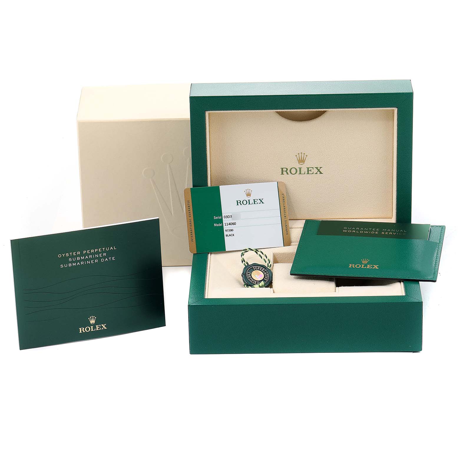 The image shows the packaging and accessories for a Rolex Submariner 114060 Men
s Stainless Steel Black Dial 114060 Men
s Stainless Steel Black Dial, including the box, warranty card, manuals, and hang tag.
