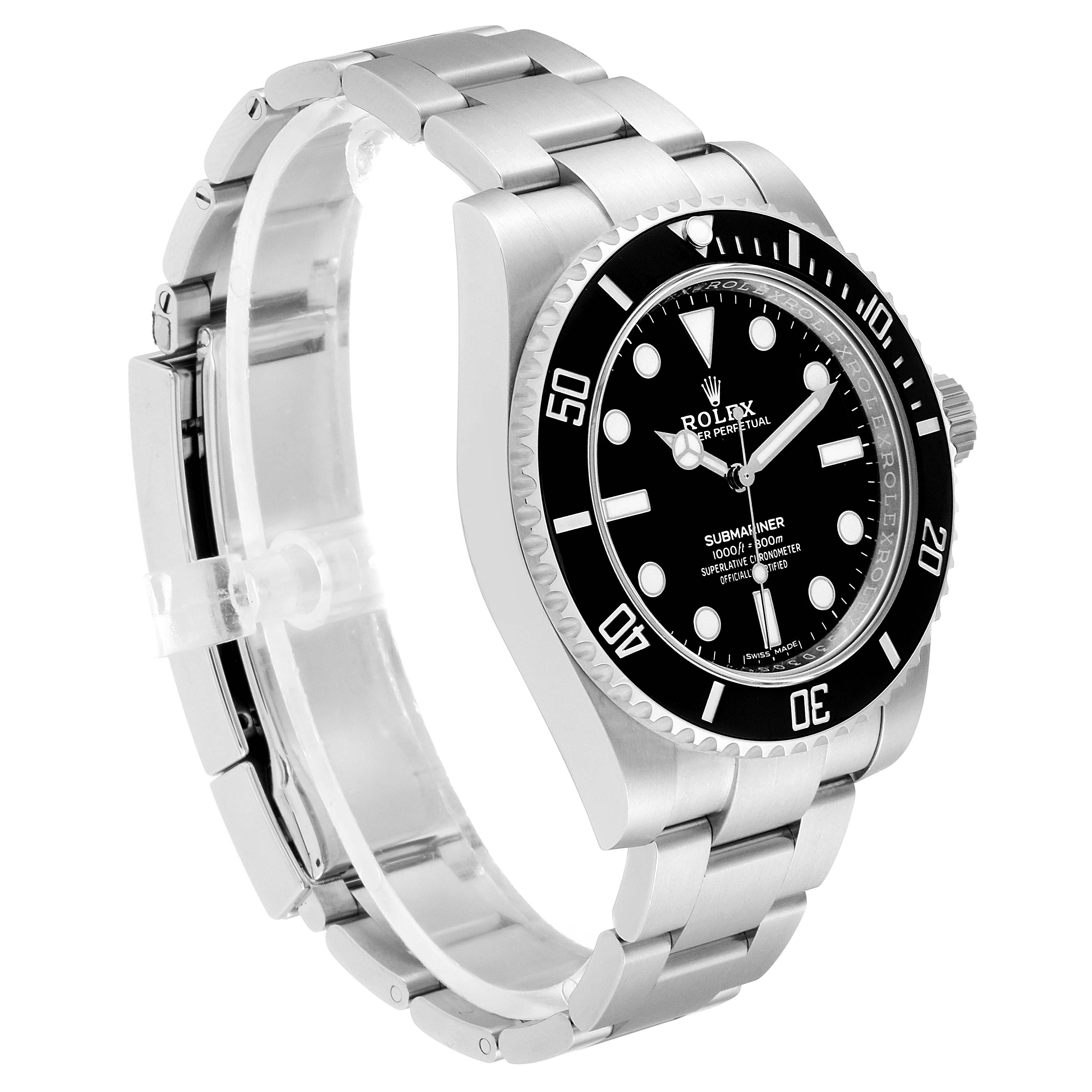 The image shows a side and partial front angle of the Rolex Submariner 114060 Men
s Stainless Steel Black Dial 114060 Men
s Stainless Steel Black Dial watch, highlighting its bracelet, case, and bezel.