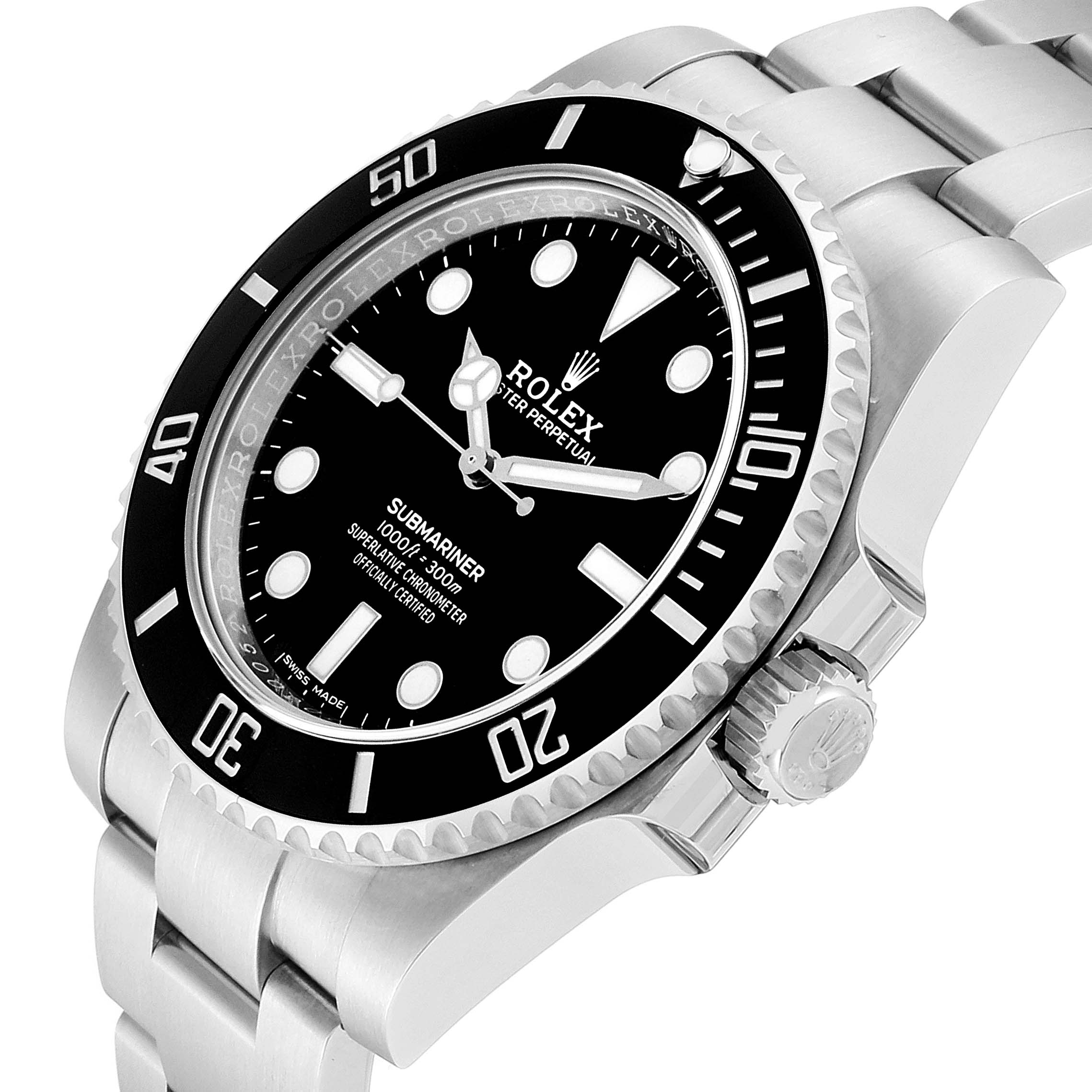 The image shows a Rolex Submariner 114060 Men
s Stainless Steel Black Dial 114060 Men
s Stainless Steel Black Dial watch at a three-quarter angle, highlighting its dial, bezel, and oyster bracelet.