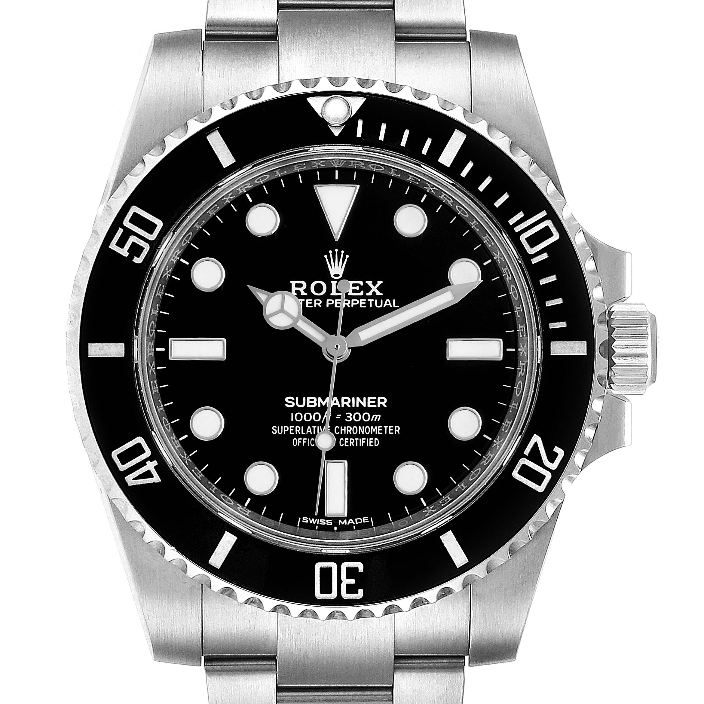 This image shows a front view of a Rolex Submariner 114060 Men
s Stainless Steel Black Dial 114060 Men
s Stainless Steel Black Dial watch, displaying its dial, bezel, and part of the stainless steel bracelet.
