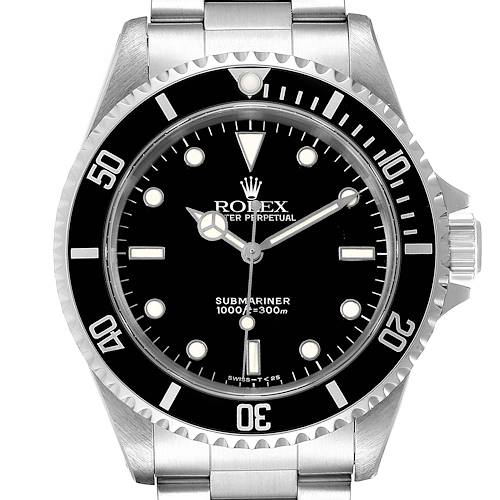 The image shows a front view of the Rolex Submariner watch, highlighting its black dial, bezel, and stainless steel bracelet.