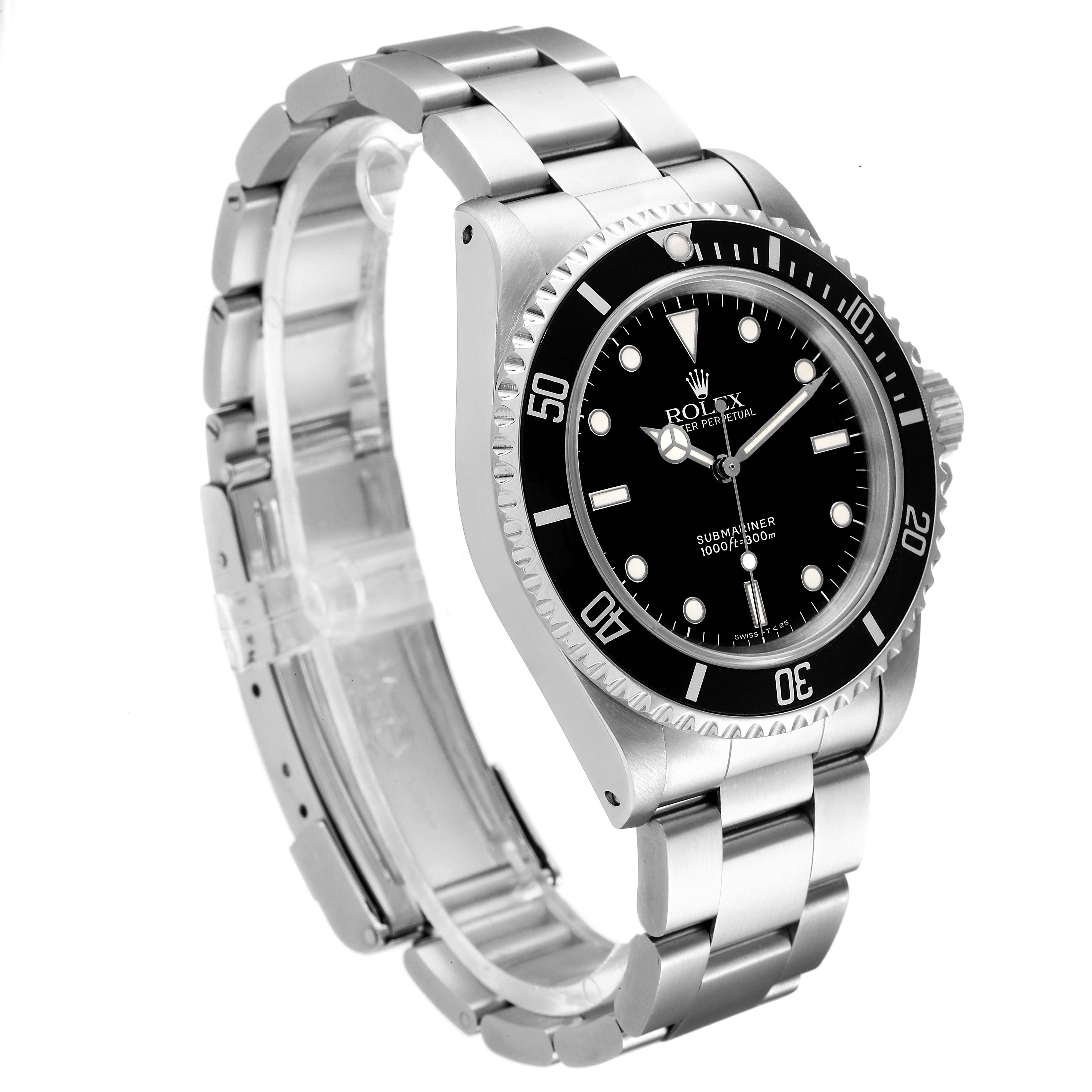 The image shows a side angle view of the Rolex Submariner 14060 Men
s Stainless Steel Black Dial 14060 Men
s Stainless Steel Black Dial watch, highlighting its bezel, dial, and stainless steel bracelet.
