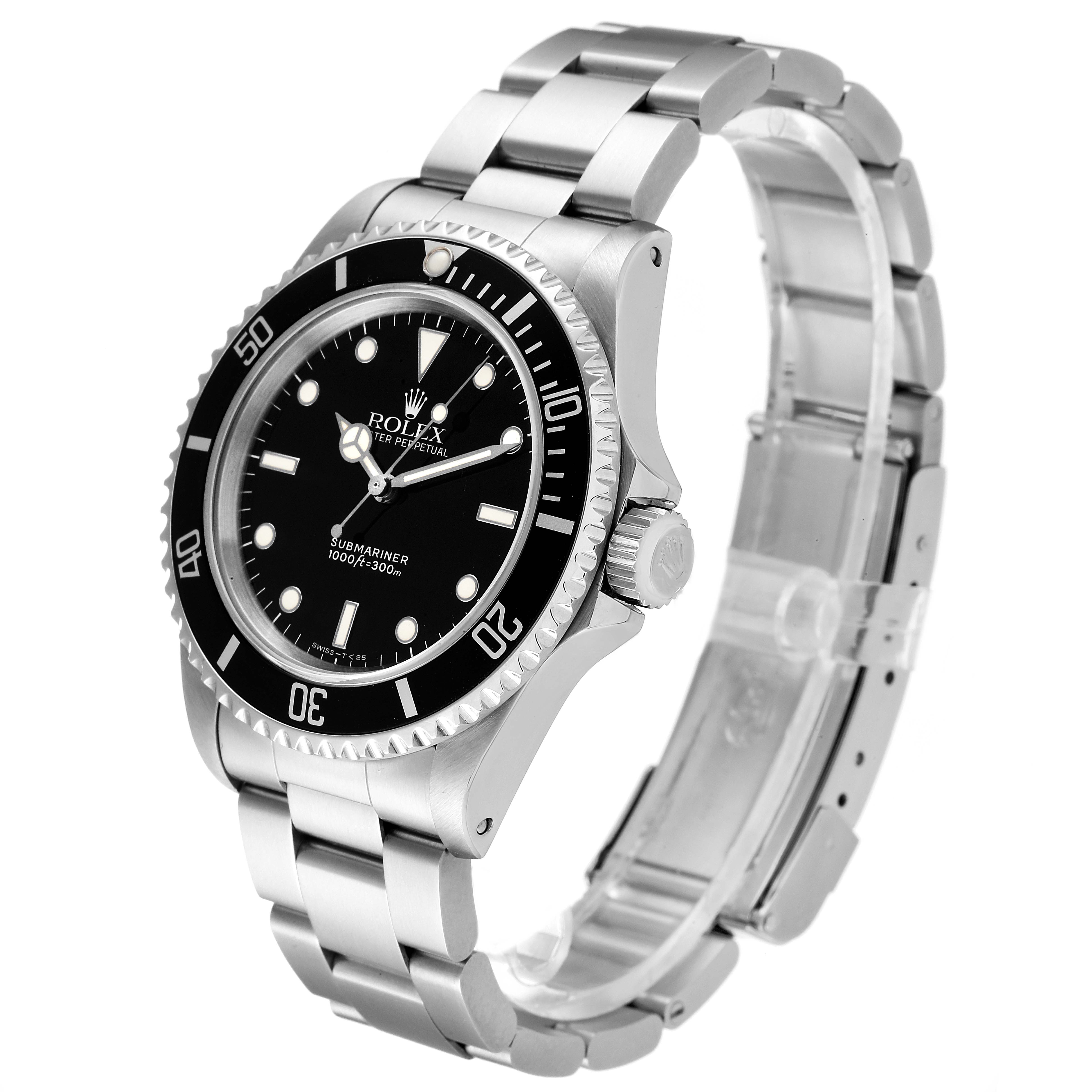 The Rolex Submariner 14060 Men
s Stainless Steel Black Dial 14060 Men
s Stainless Steel Black Dial watch is shown at a slight angle, displaying the face, bezel, crown, and part of the metal bracelet.