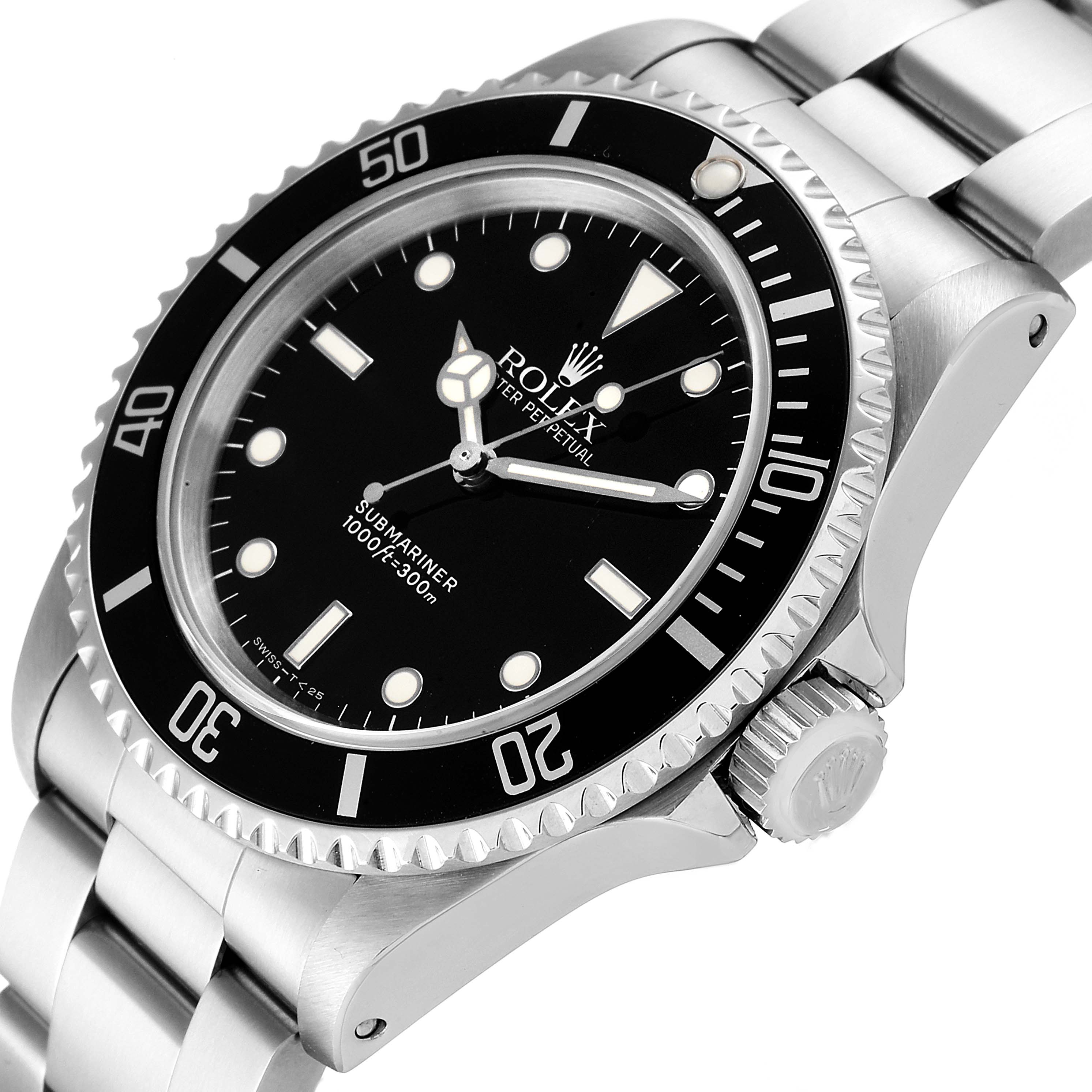 This image shows a close-up angled view of the Rolex Submariner 14060 Men
s Stainless Steel Black Dial 14060 Men
s Stainless Steel Black Dial watch, highlighting its dial, bezel, crown, and bracelet.