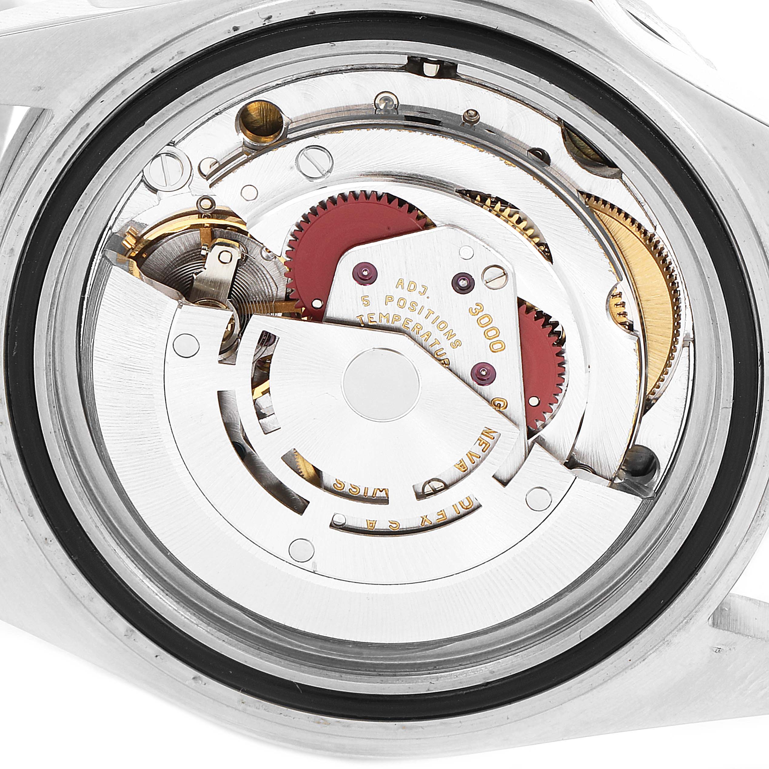 This is an image of the Rolex Submariner 14060 Men
s Stainless Steel Black Dial 14060 Men
s Stainless Steel Black Dial
s movement, showcasing the intricate internal mechanism and gears.