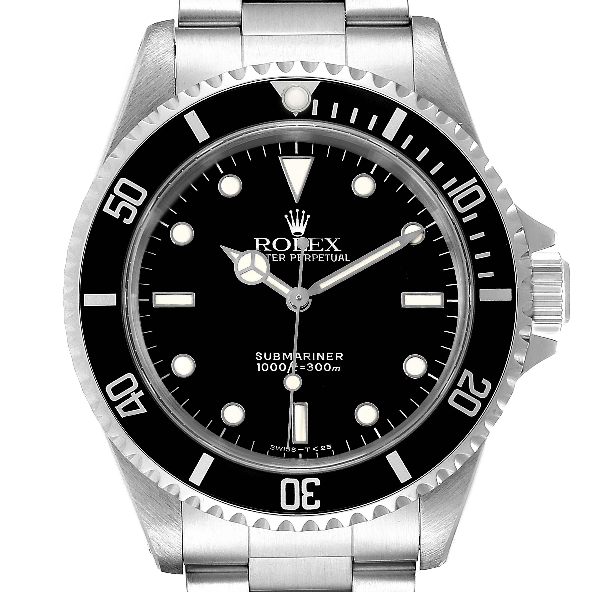 This image shows a front view of a Rolex Submariner 14060 Men
s Stainless Steel Black Dial 14060 Men
s Stainless Steel Black Dial watch, highlighting the dial, bezel, hands, and part of the bracelet.