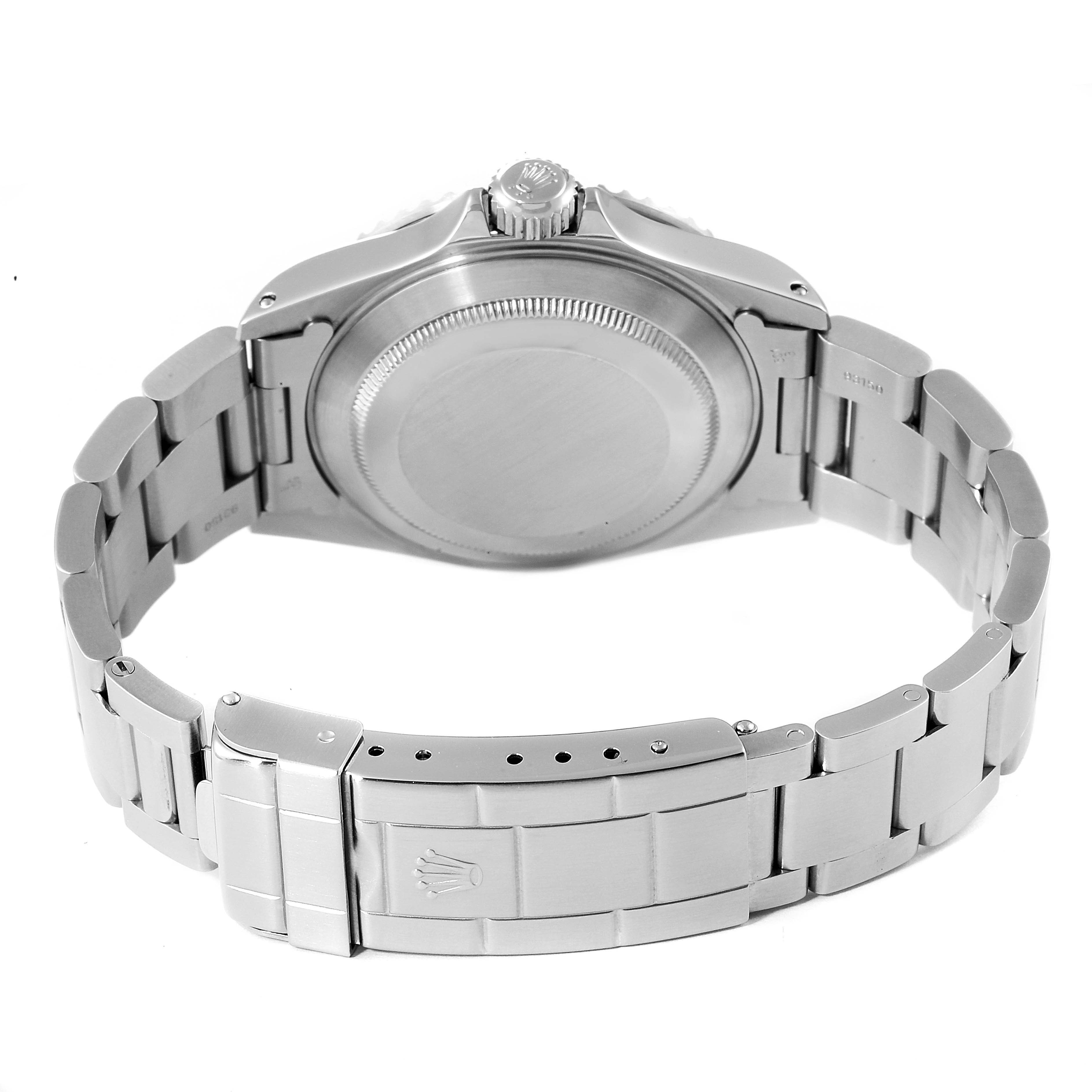 This image shows the back view of a Rolex Submariner 14060 Men
s Stainless Steel Black Dial 14060 Men
s Stainless Steel Black Dial watch, highlighting its closed case back and stainless steel bracelet.