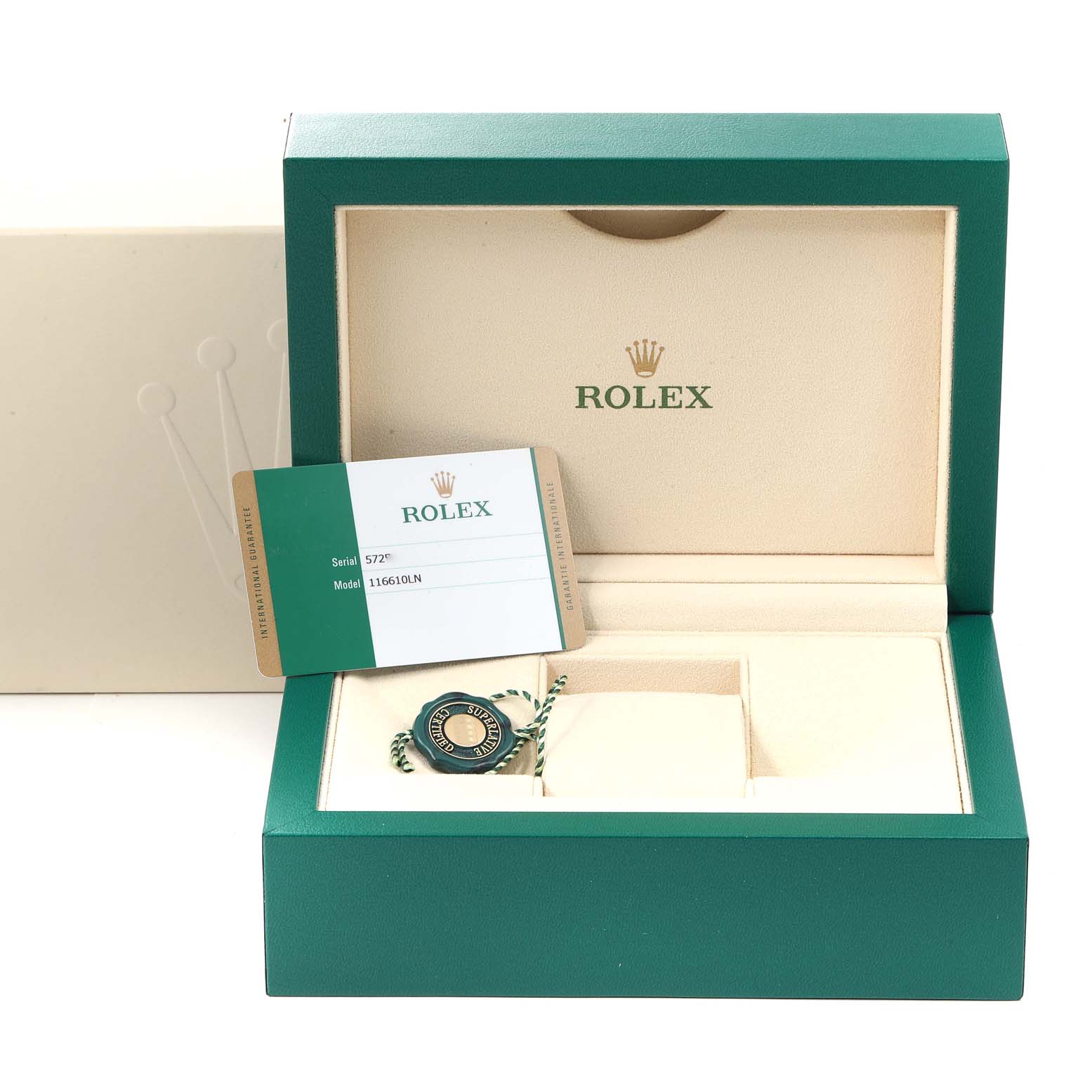 The image shows an open storage box for a Rolex Submariner 116610 Men
s Stainless Steel Black Dial 116610 Men
s Stainless Steel Black Dial watch, including the model card and a seal tag.