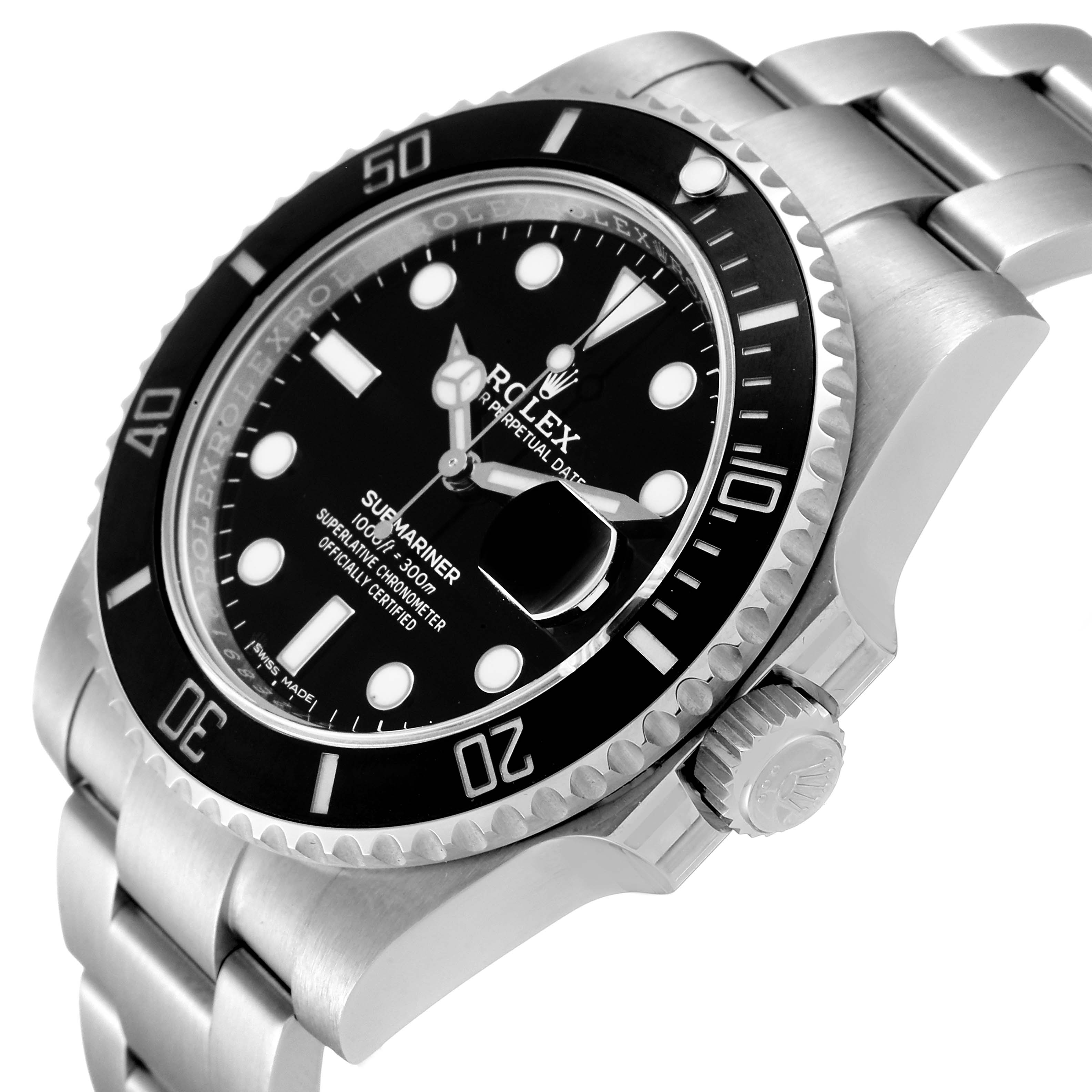 The image shows a Rolex Submariner 116610 Men
s Stainless Steel Black Dial 116610 Men
s Stainless Steel Black Dial watch angled from the top right, highlighting the bezel, dial, crown, and part of the bracelet.