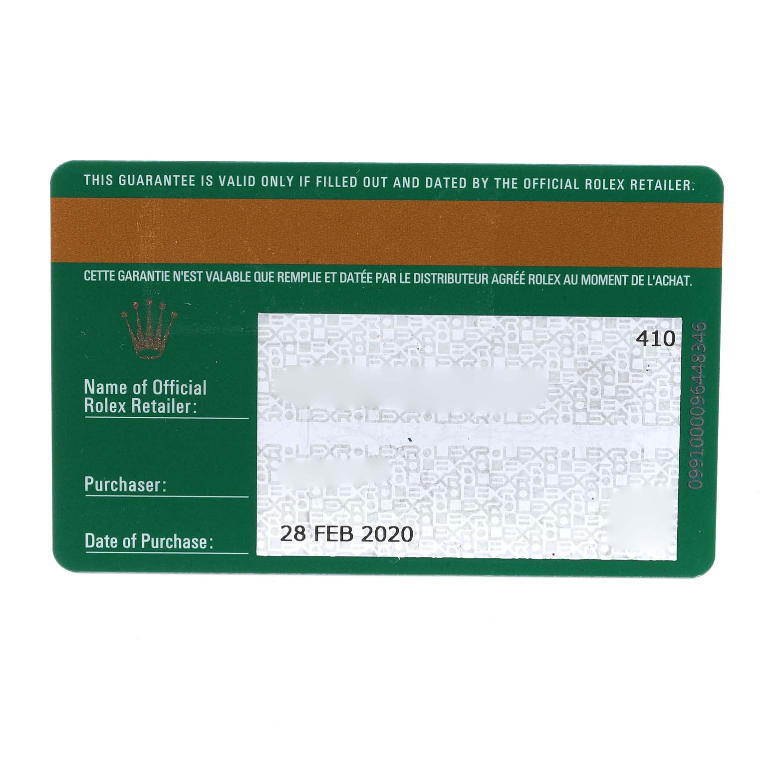 This is a warranty card for a Rolex Submariner 116610 Men
s Stainless Steel Black Dial 116610 Men
s Stainless Steel Black Dial watch, displayed face-up showing the purchase date and other purchase details.