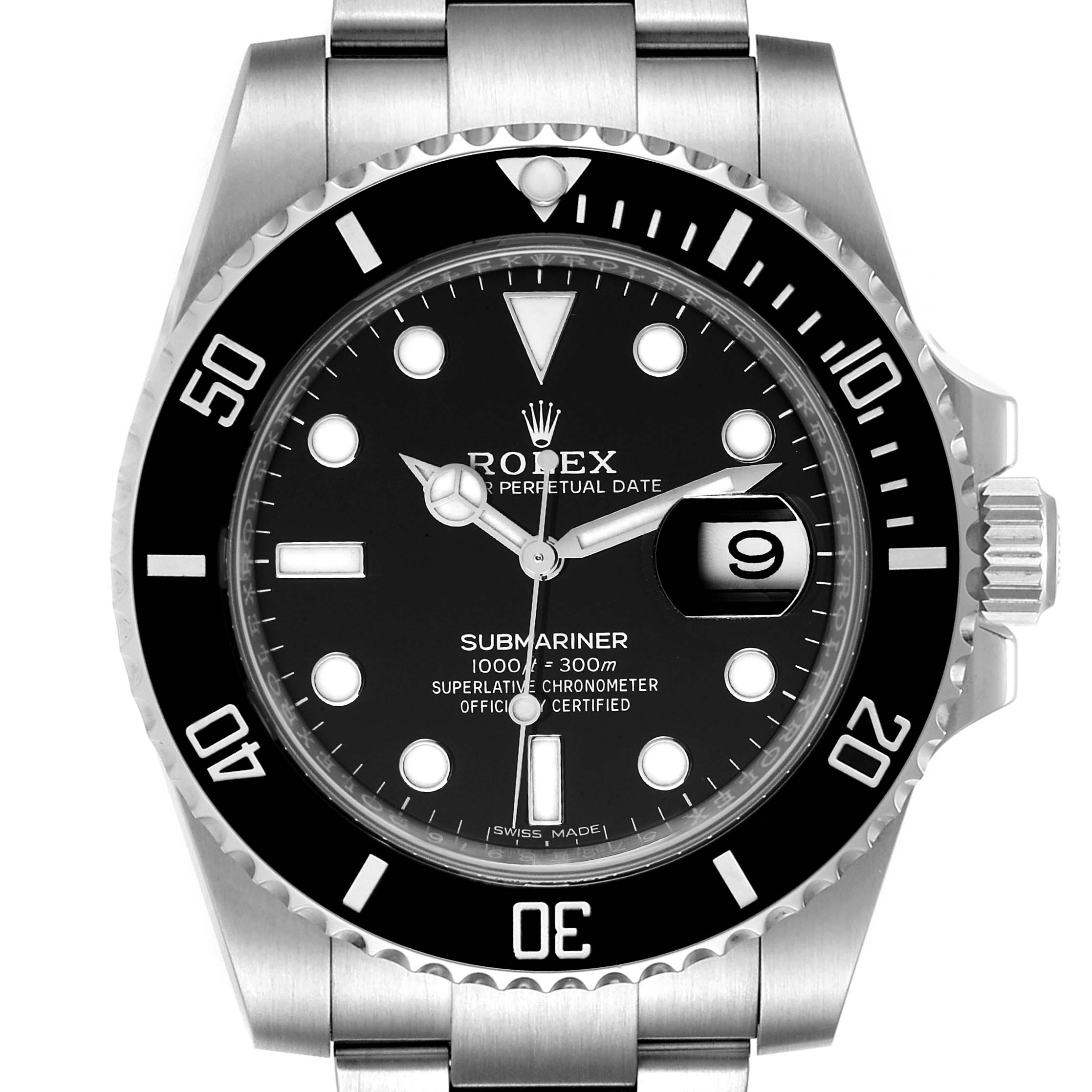 This image shows a front view of a Rolex Submariner 116610 Men
s Stainless Steel Black Dial 116610 Men
s Stainless Steel Black Dial watch, highlighting the dial, bezel, crown, and bracelet.