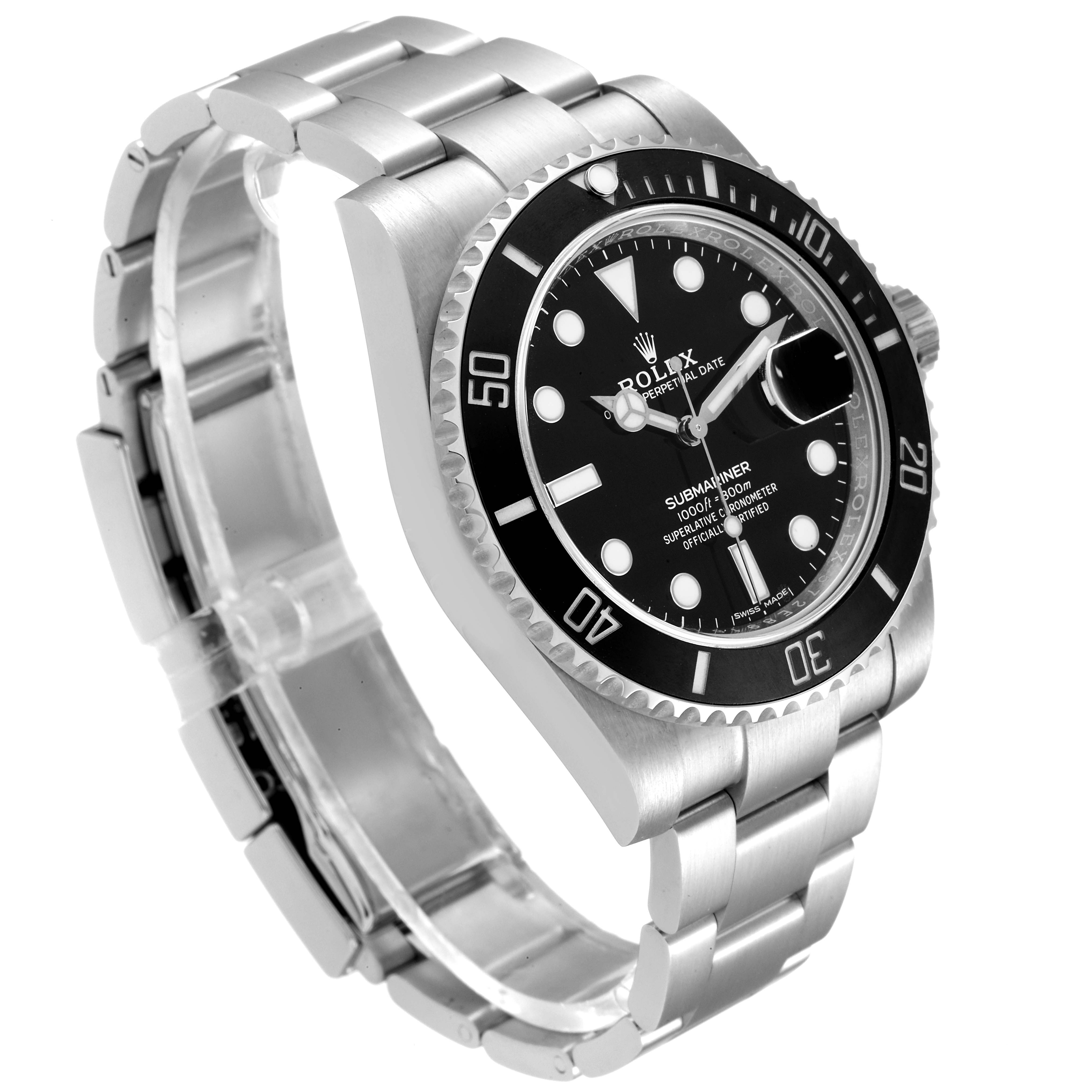 This image shows a Rolex Submariner 116610 Men
s Stainless Steel Black Dial 116610 Men
s Stainless Steel Black Dial watch at an angle displaying its face, bezel, and a portion of its bracelet.
