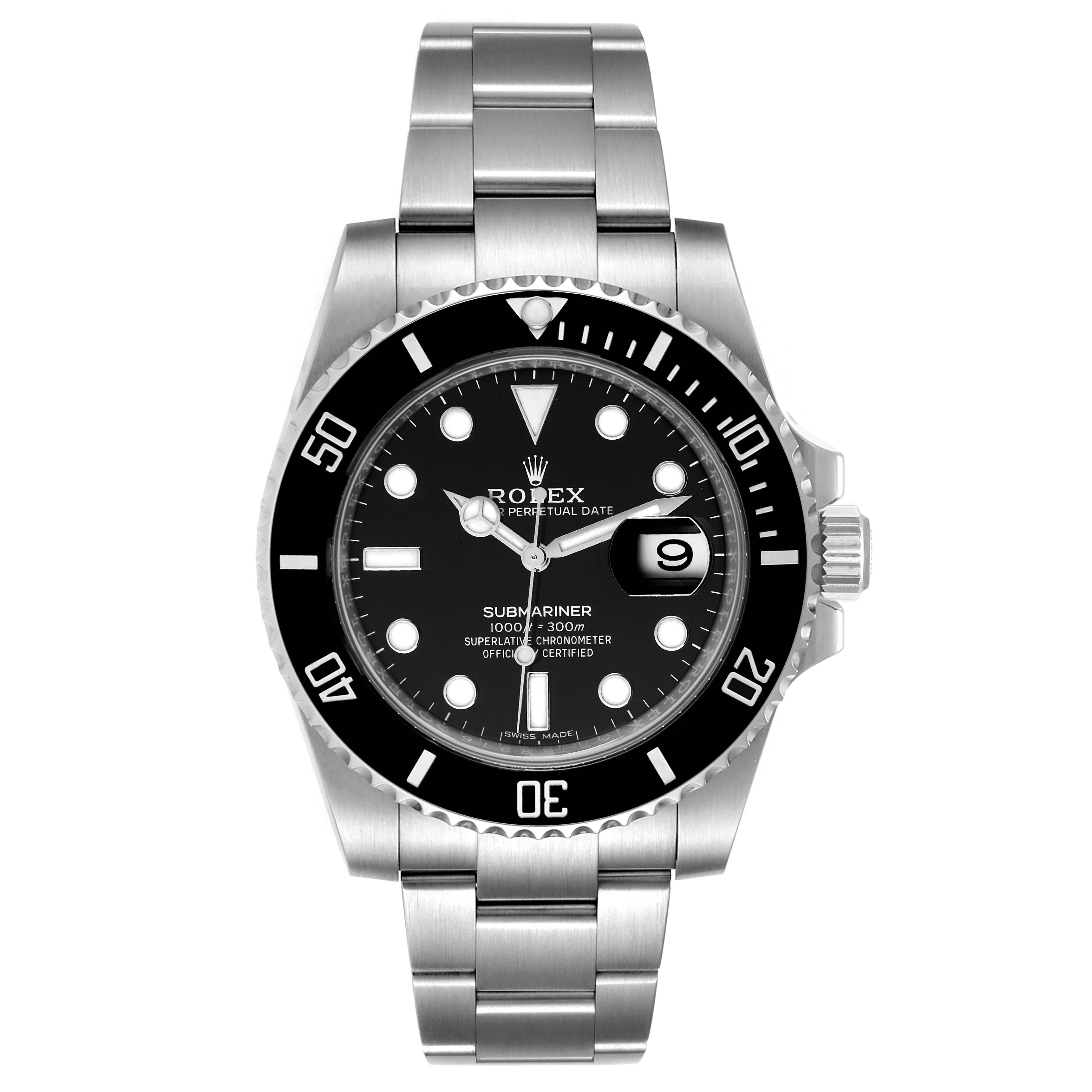 This is a front view of a Rolex Submariner 116610 Men
s Stainless Steel Black Dial 116610 Men
s Stainless Steel Black Dial, showing the dial, bezel, bracelet, and crown.