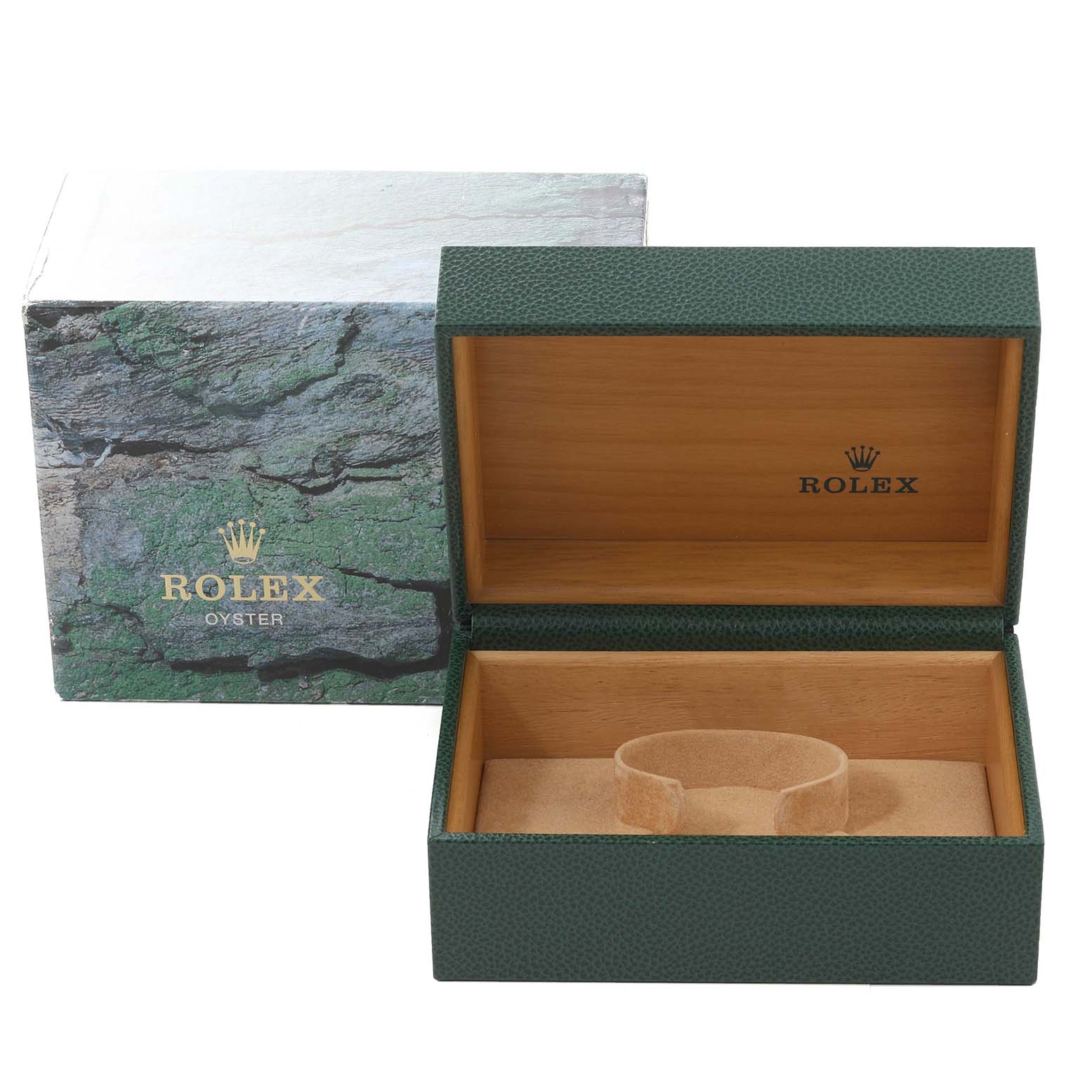 The image shows an open green Rolex Submariner 16613 Men's Steel and Gold (two tone) Blue Dial 16613 Men's Steel and Gold (two tone) Blue Dial watch box and its external protective box.