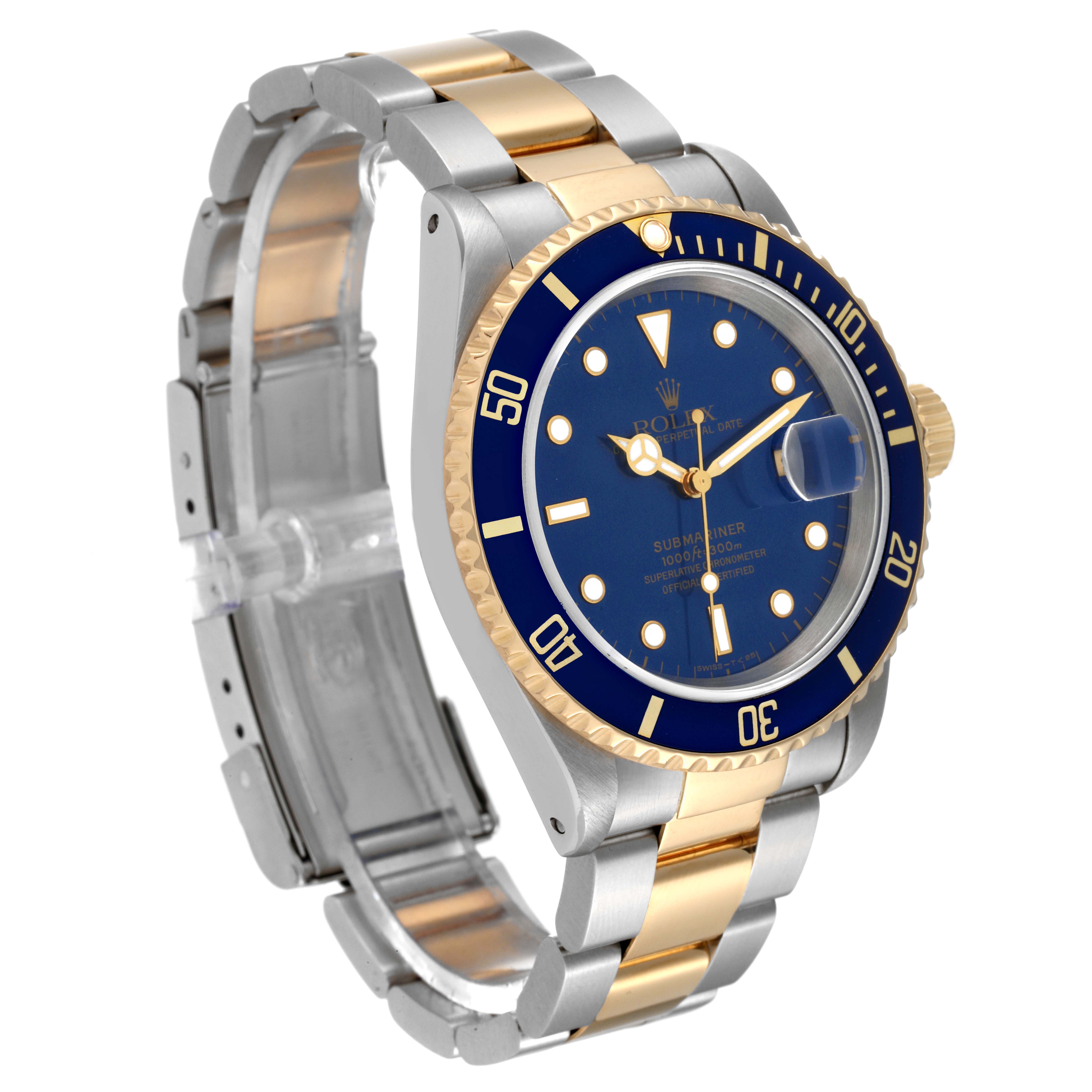 The image shows a Rolex Submariner 16613 Men's Steel and Gold (two tone) Blue Dial 16613 Men's Steel and Gold (two tone) Blue Dial watch at a three-quarter angle, highlighting the blue dial, bezel, and two-tone bracelet.