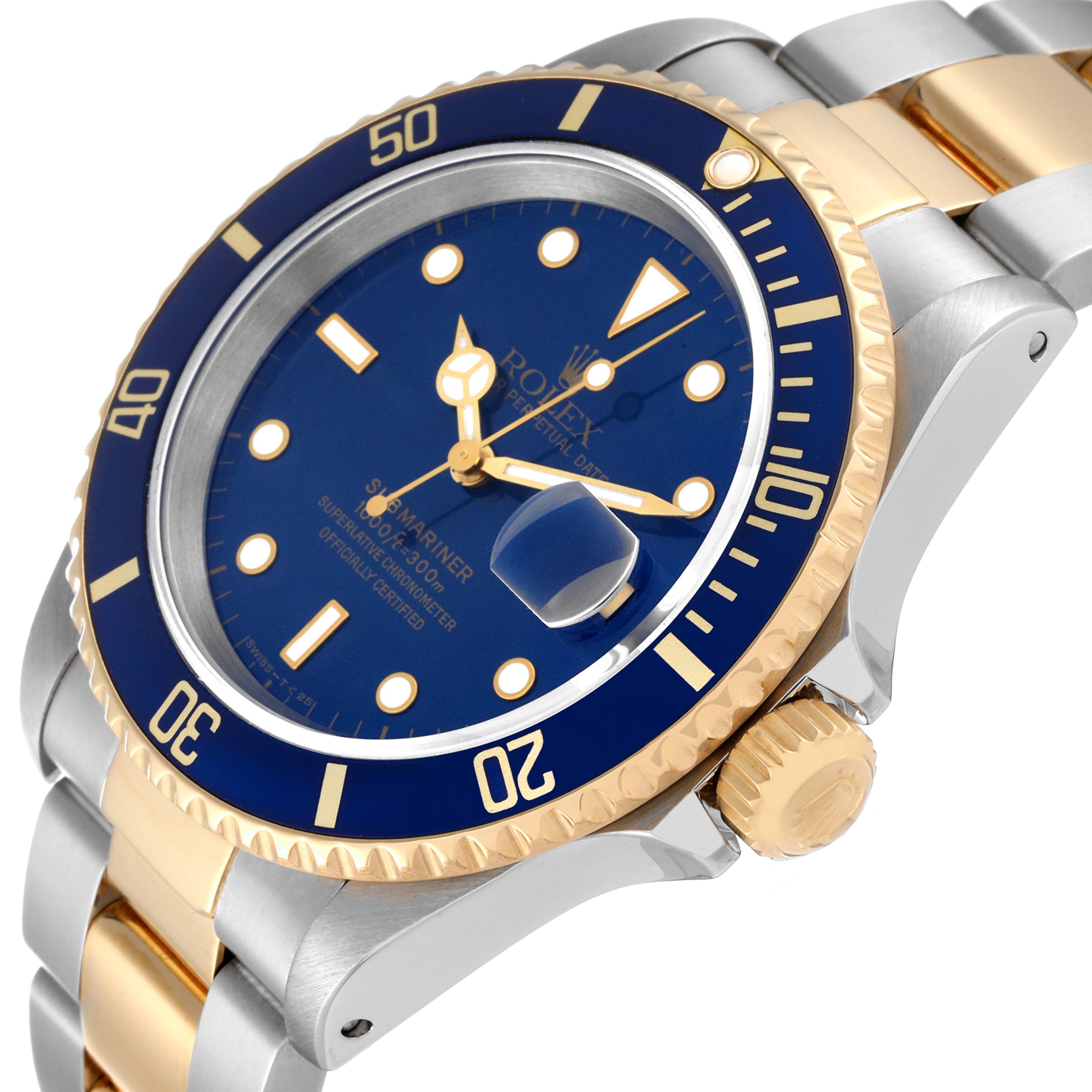 The Rolex Submariner 16613 Men's Steel and Gold (two tone) Blue Dial 16613 Men's Steel and Gold (two tone) Blue Dial watch is shown at an angle focusing on the bezel, face, crown, and partly on the bracelet.