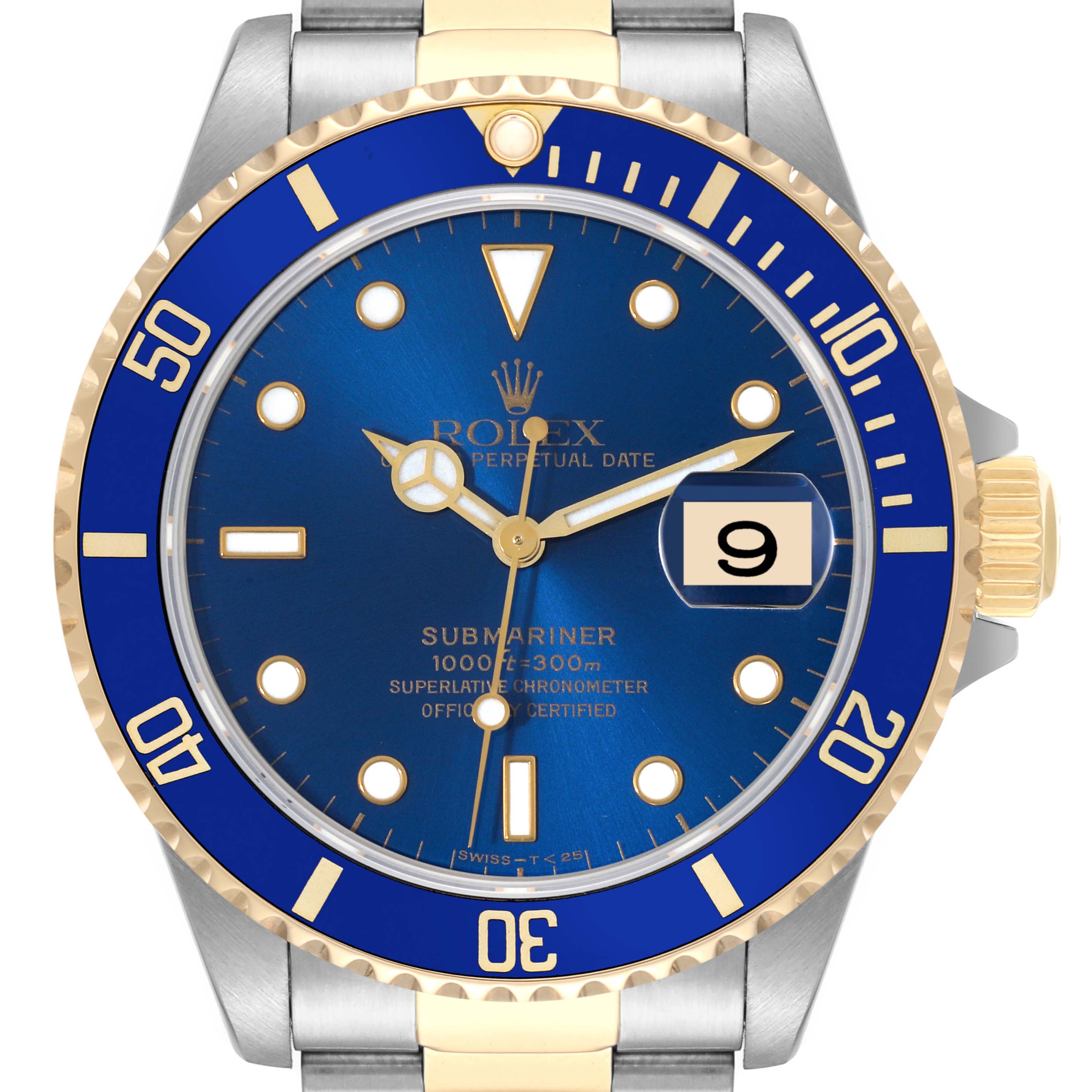 The image shows a front view of the Rolex Submariner 16613 Men's Steel and Gold (two tone) Blue Dial 16613 Men's Steel and Gold (two tone) Blue Dial, highlighting its blue dial, blue bezel, and gold accents.