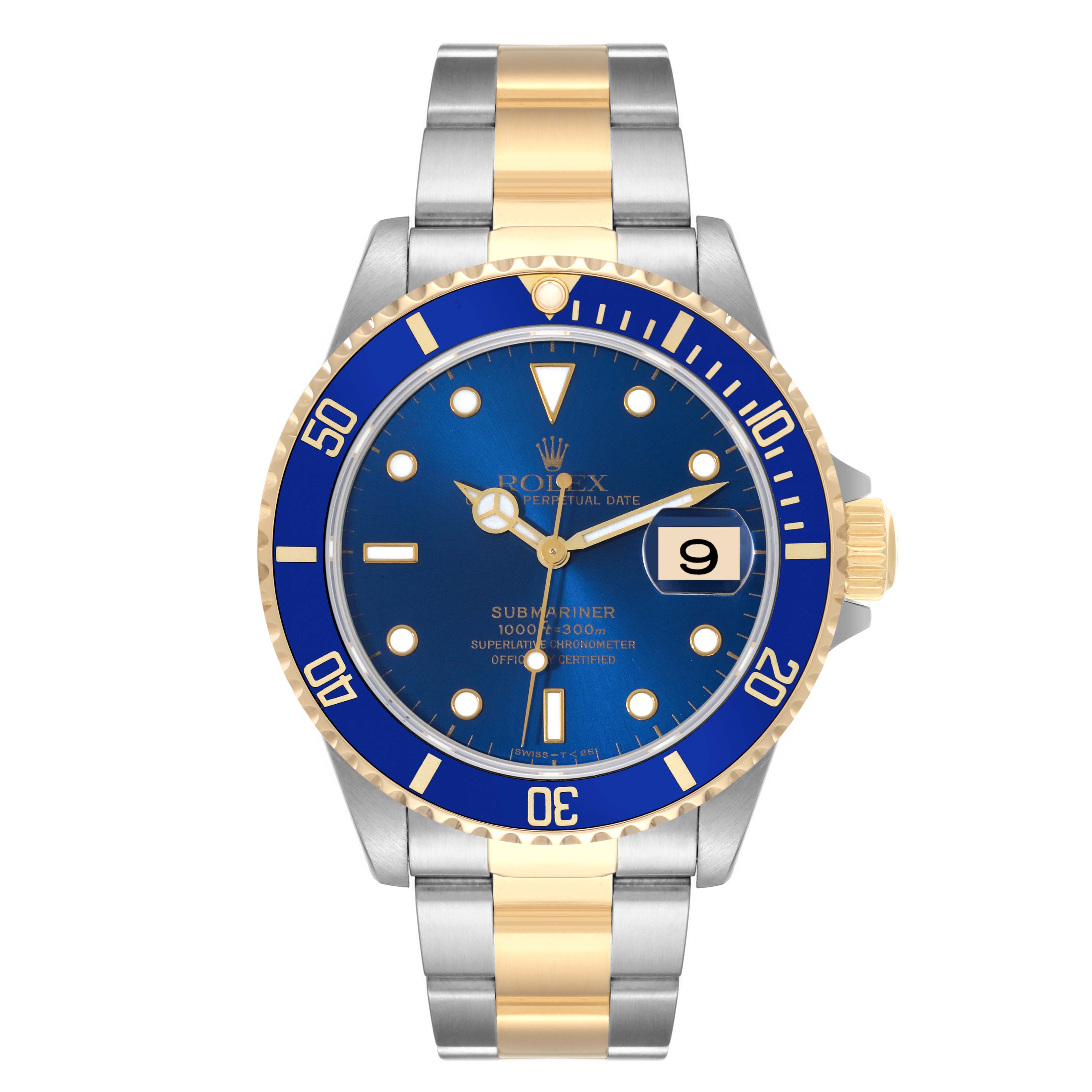 This image shows a front view of a Rolex Submariner 16613 Men's Steel and Gold (two tone) Blue Dial 16613 Men's Steel and Gold (two tone) Blue Dial watch with a blue dial and a two-tone metal band.