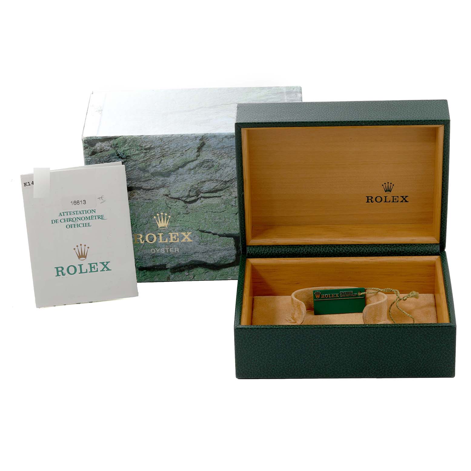 The image shows an empty Rolex Submariner 16613 Men's Steel and Gold (two tone) Blue Dial 16613 Men's Steel and Gold (two tone) Blue Dial watch box, its outer packaging, and accompanying documentation.