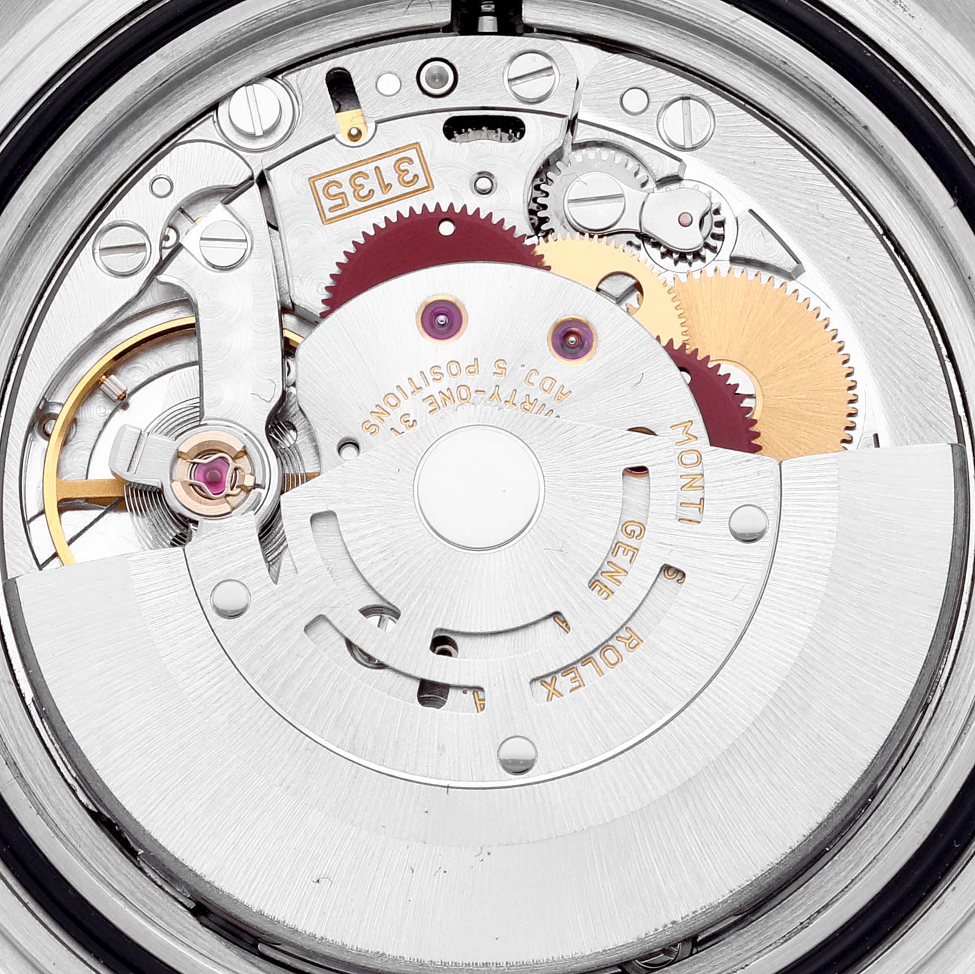 This image shows the internal movement mechanism of a Rolex Submariner 16613 Men's Steel and Gold (two tone) Blue Dial 16613 Men's Steel and Gold (two tone) Blue Dial watch viewed from the back.