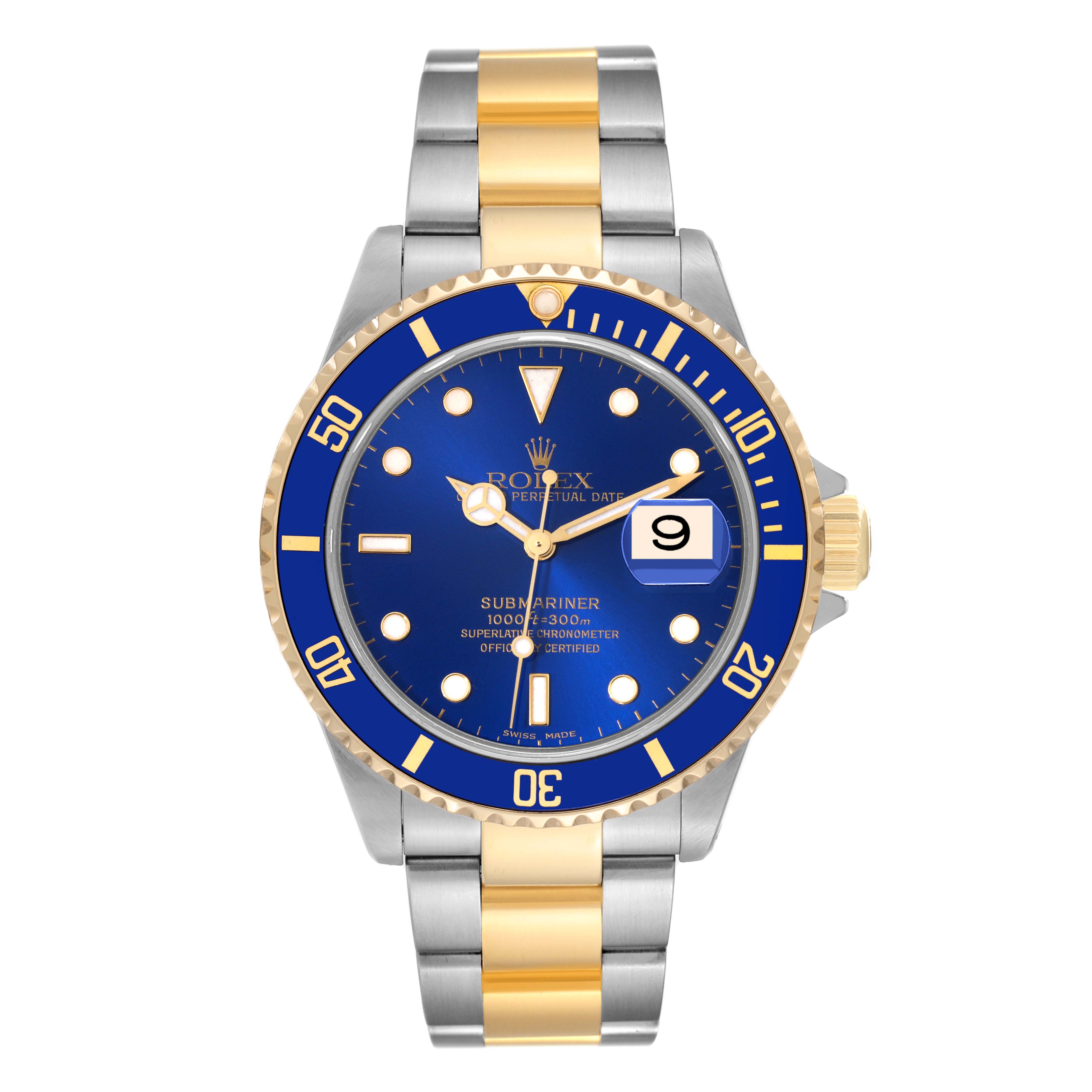 The Rolex Submariner 16613 Men's Steel and Gold (two tone) Blue Dial 16613 Men's Steel and Gold (two tone) Blue Dial watch is shown from a front-facing angle, displaying the dial, bezel, and part of the bracelet.