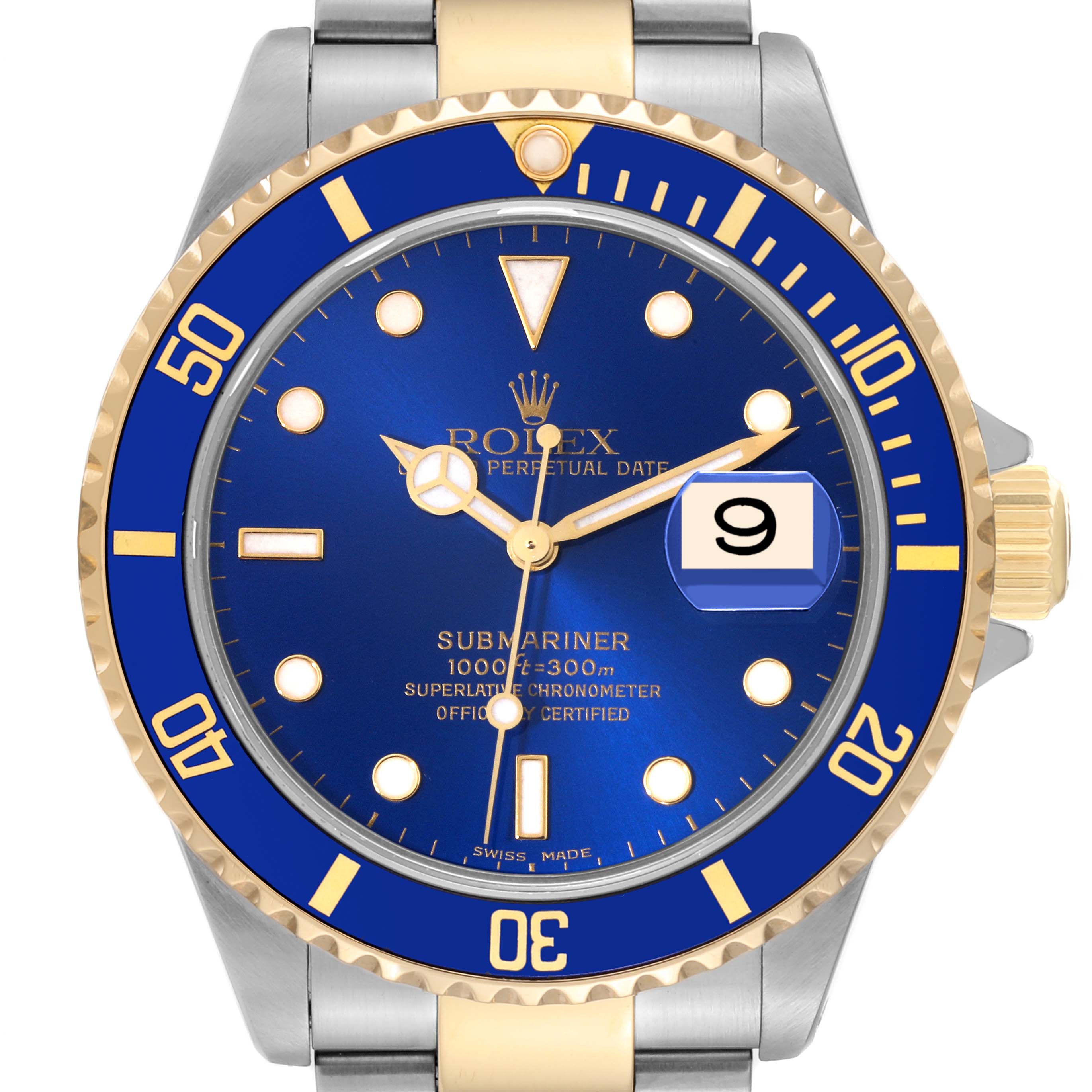 The image shows a front view of a Rolex Submariner 16613 Men's Steel and Gold (two tone) Blue Dial 16613 Men's Steel and Gold (two tone) Blue Dial watch, highlighting the blue dial, gold accents, and date window.