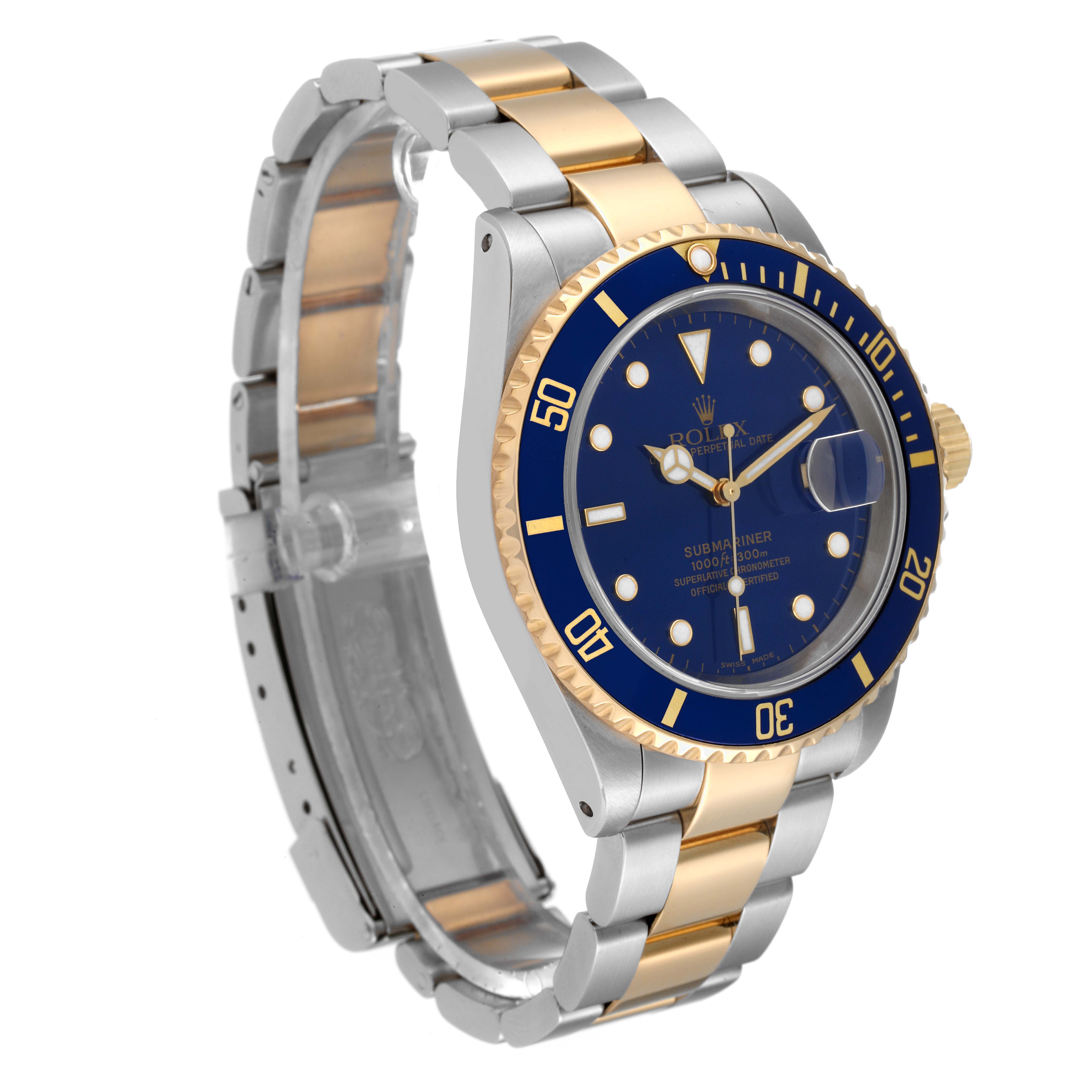 This Rolex Submariner 16613 Men's Steel and Gold (two tone) Blue Dial 16613 Men's Steel and Gold (two tone) Blue Dial watch is shown at a side angle, highlighting the blue dial, bezel, and two-tone metal strap.